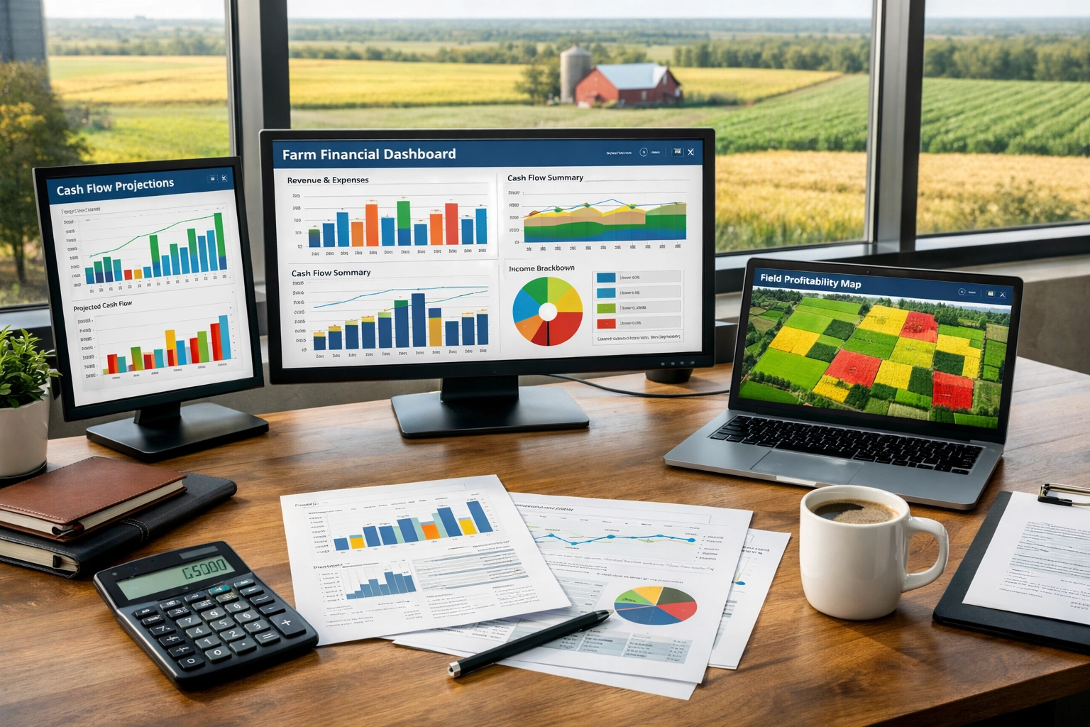 Farm office desk with financial dashboards showing cash flow projections and profitability analysis