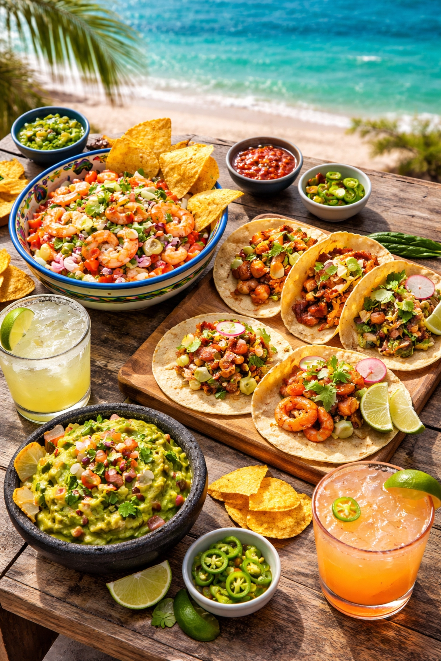 Overhead view of romantic Mexican food spread with ceviche, tacos, and margaritas on Old Town beachfront