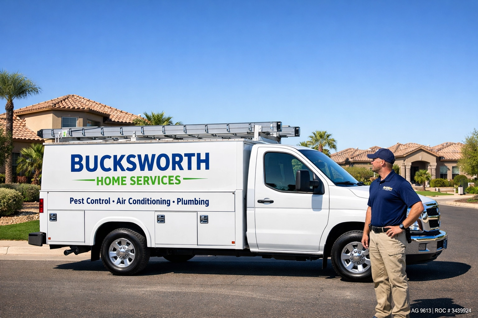 Bucksworth Home Services truck parked in a Gilbert, AZ neighborhood offering pest control and home services.