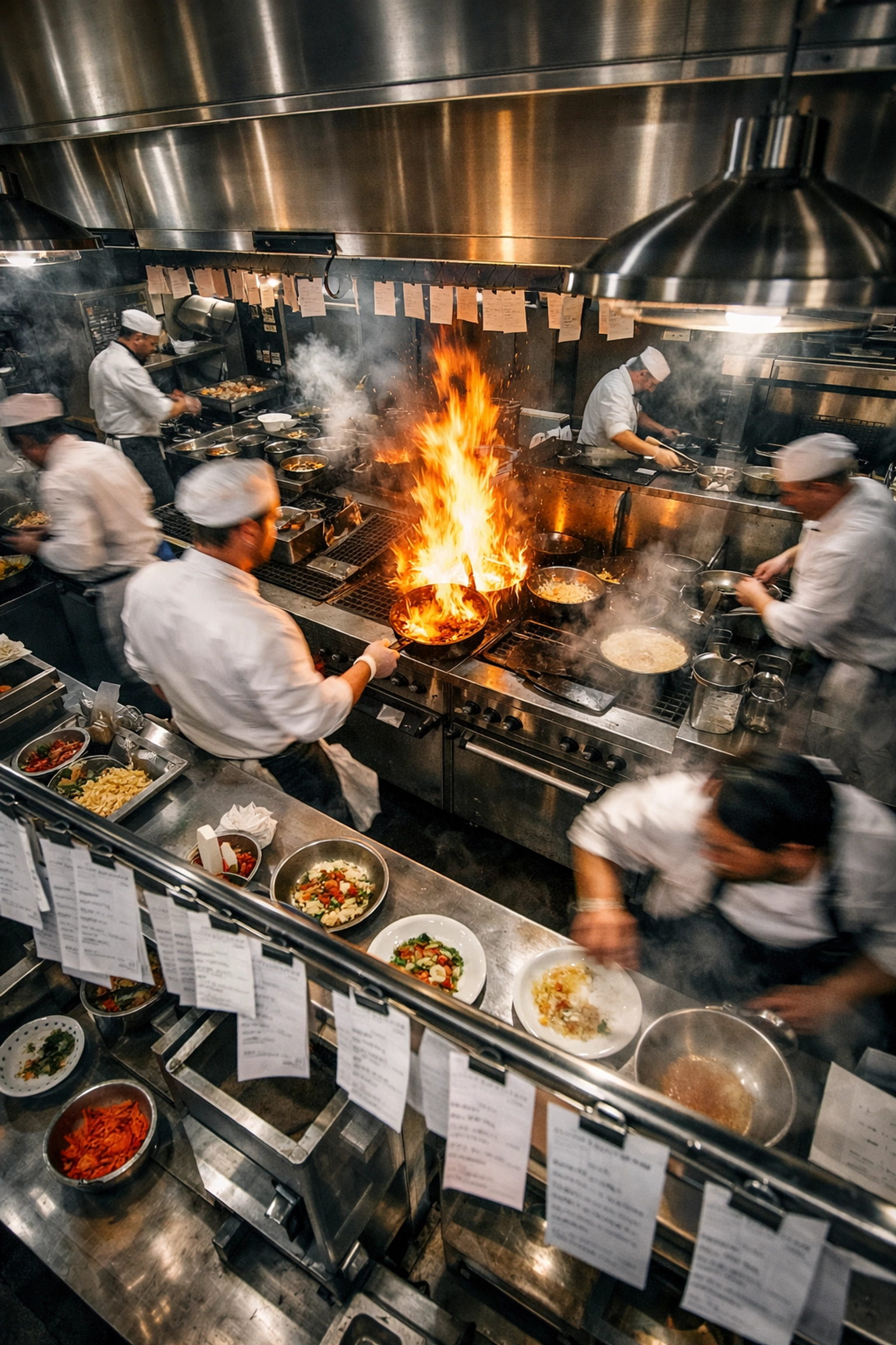 Busy restaurant kitchen during dinner service showing operational challenges and high-pressure environment