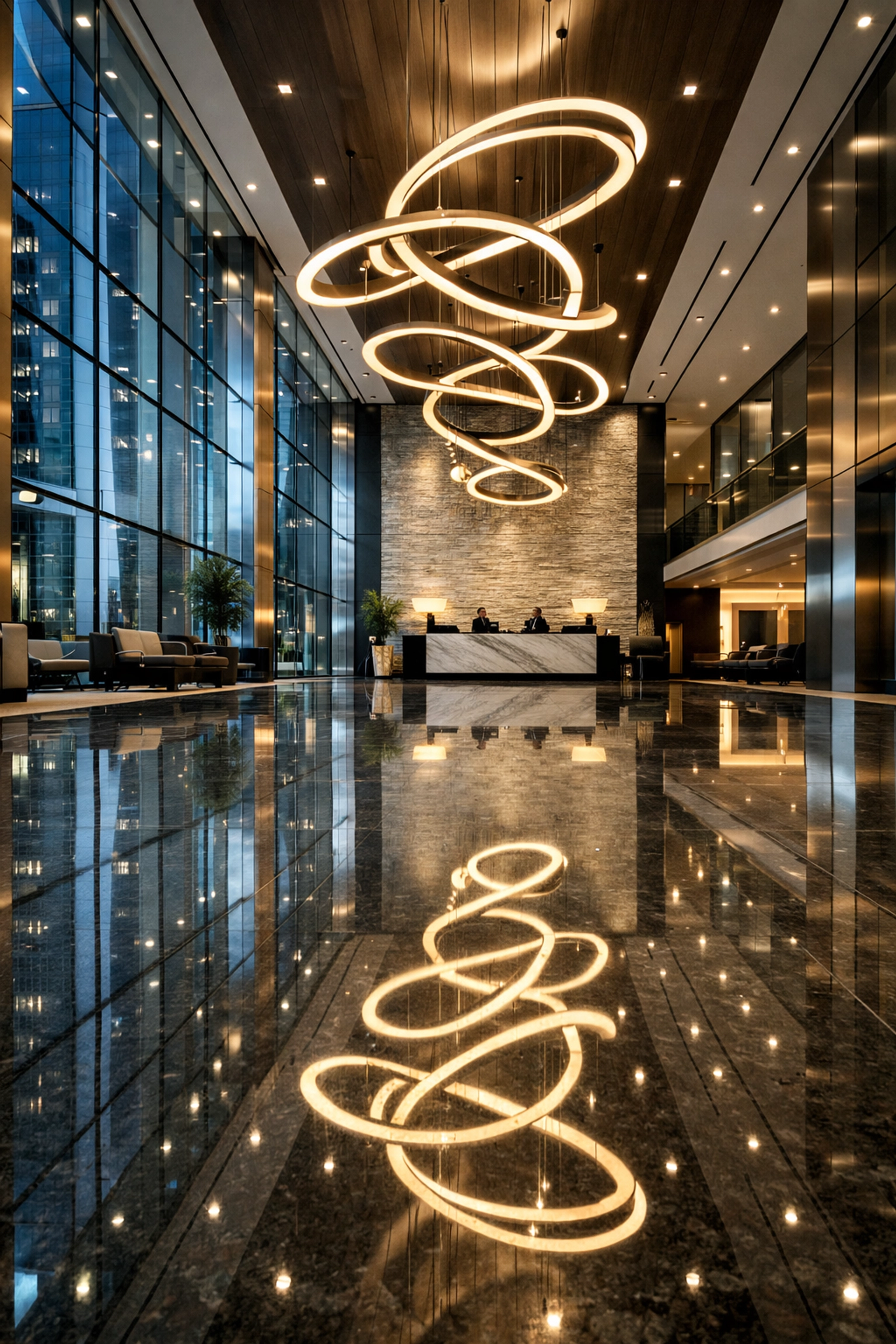 Spotless high-end corporate lobby in Indianapolis with reflective floors and professional architectural lighting.