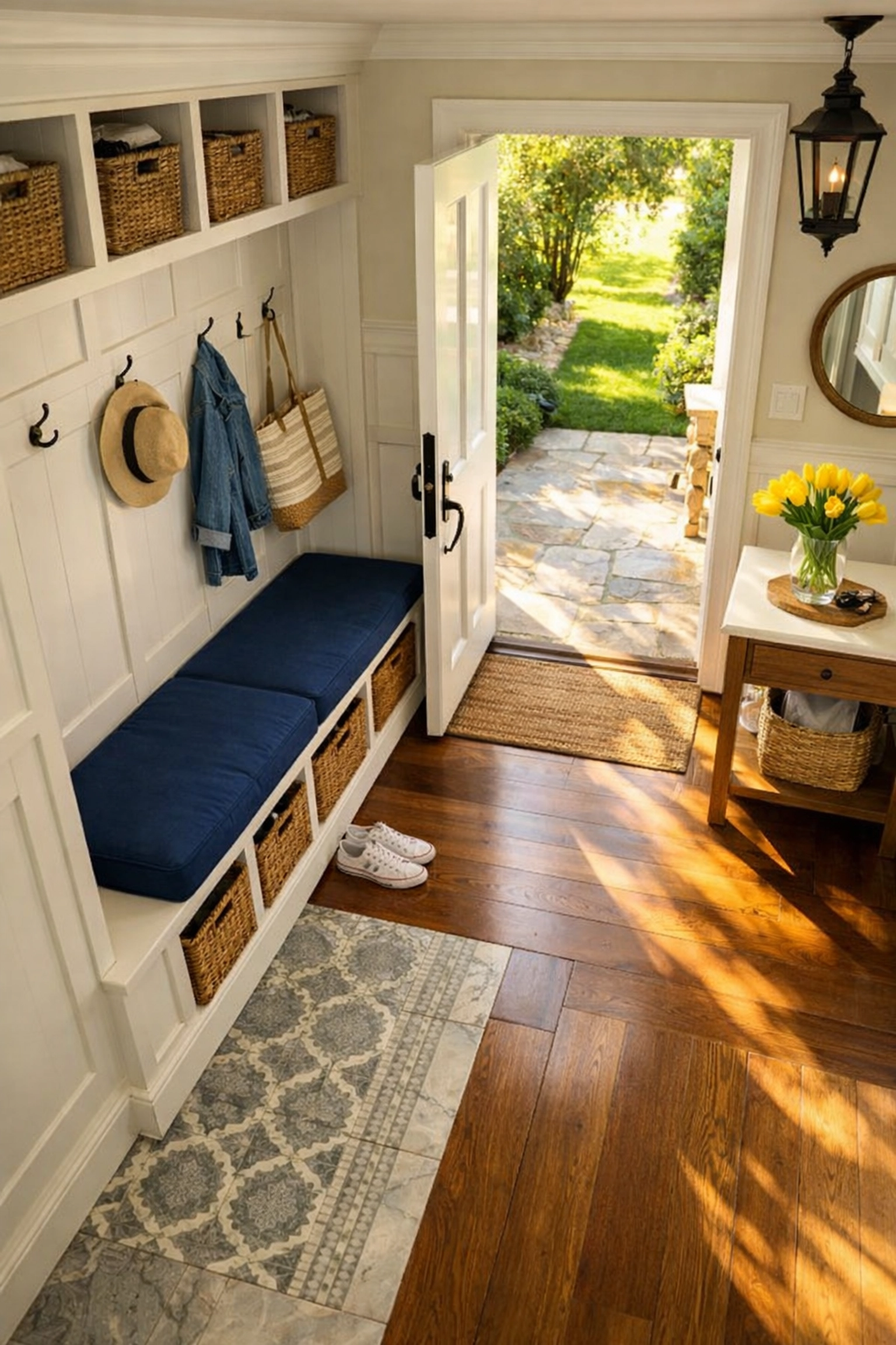 Spotless luxury mudroom with sunlight, showcasing the freshness of a house cleaning in Sudbury MA.