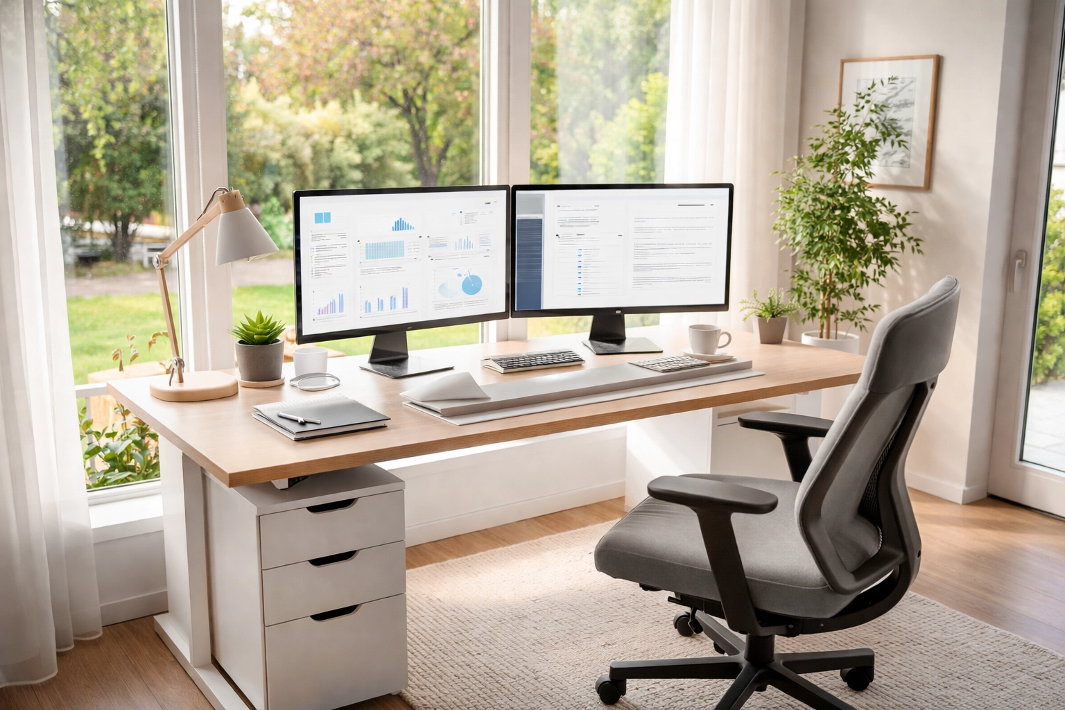 A modern home office filled with sunlight shows the importance of backup power for remote work continuity.
