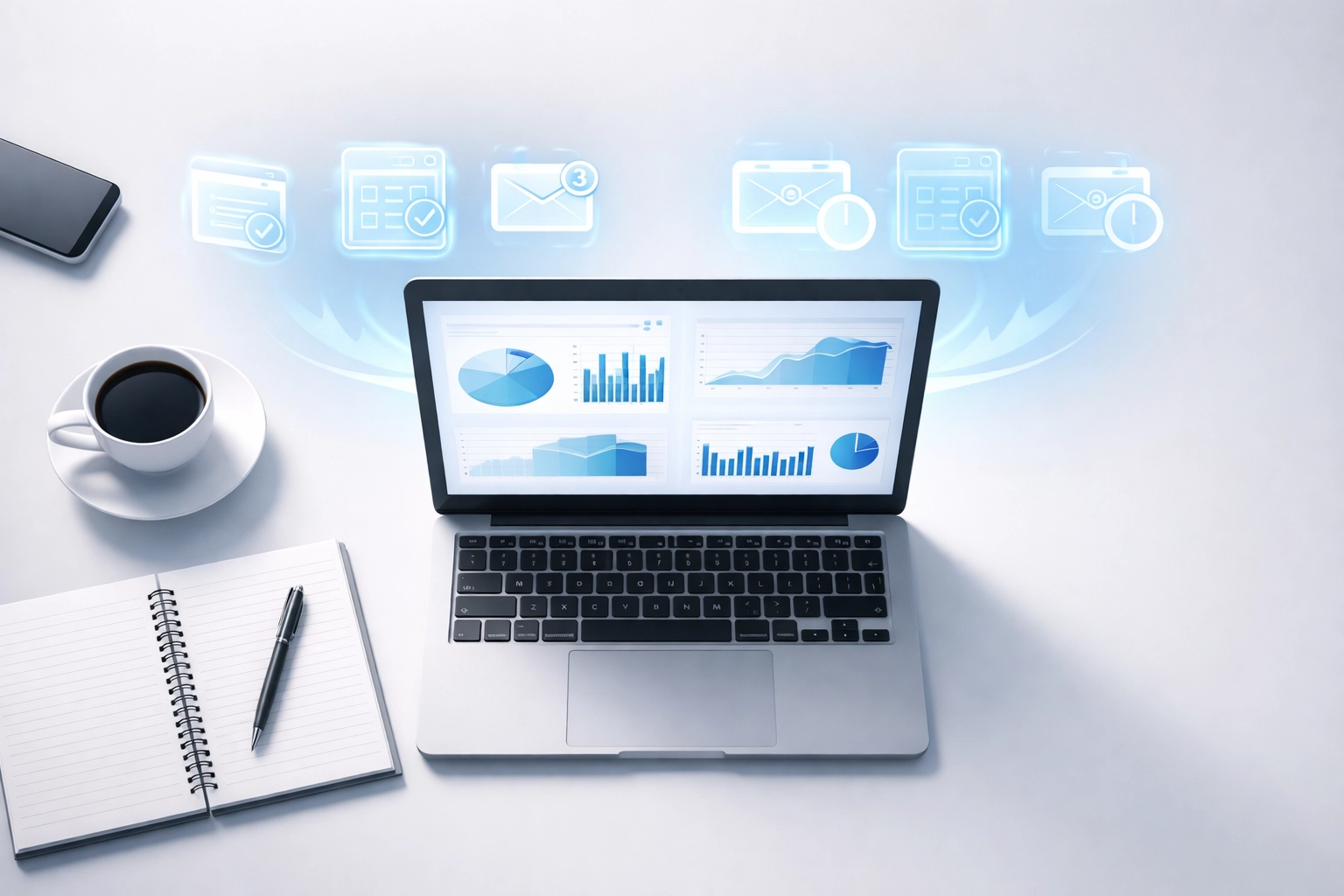 Minimalist office workspace showing AI tools and paper notes, illustrating productivity challenges in AI adoption.