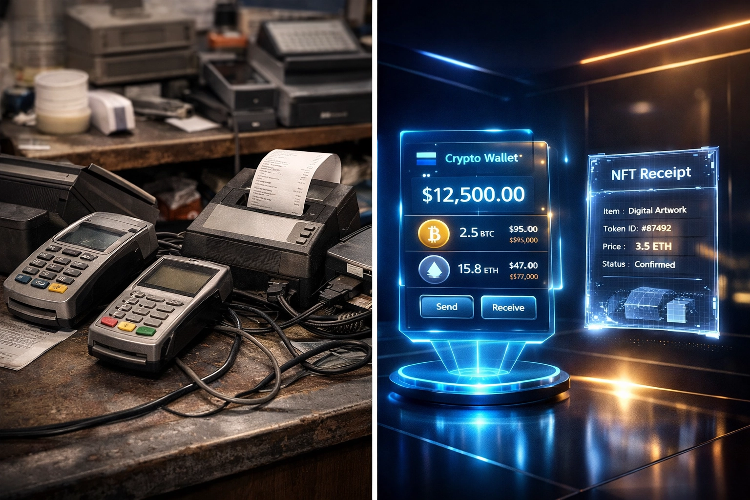 Traditional checkout counter versus modern crypto wallet with NFT receipt and QR payment system