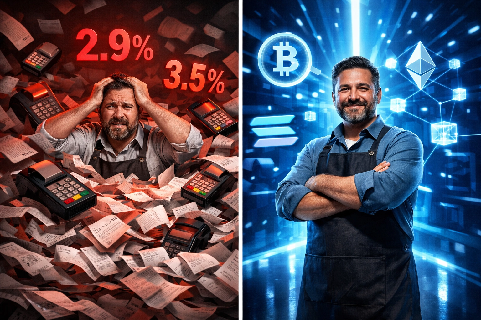 Traditional payment processor chaos versus self-custody merchant account simplicity comparison