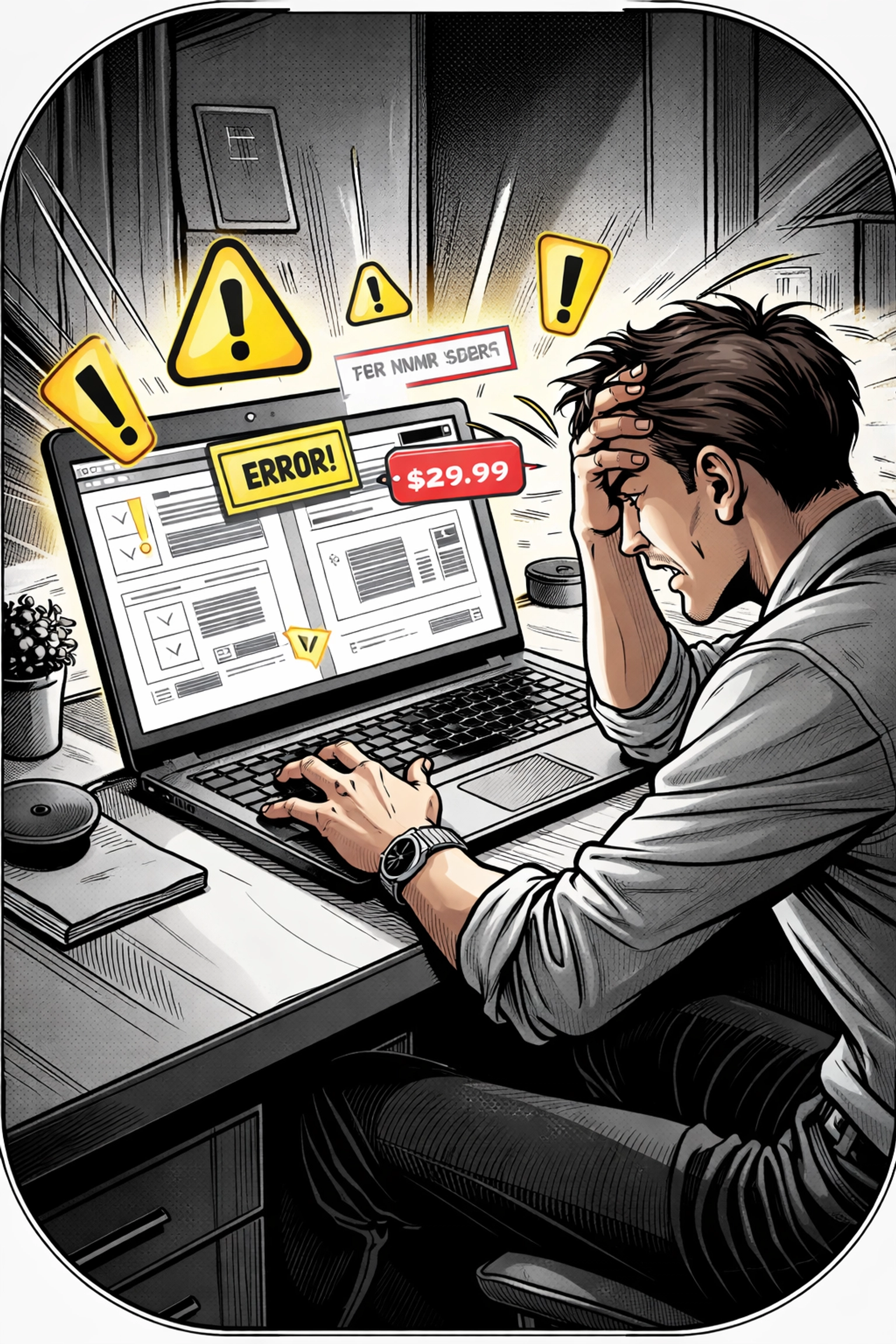 E-commerce manager reacts to unexpected Amazon listing changes, illustrating Amazon compliance and listing optimization challenges