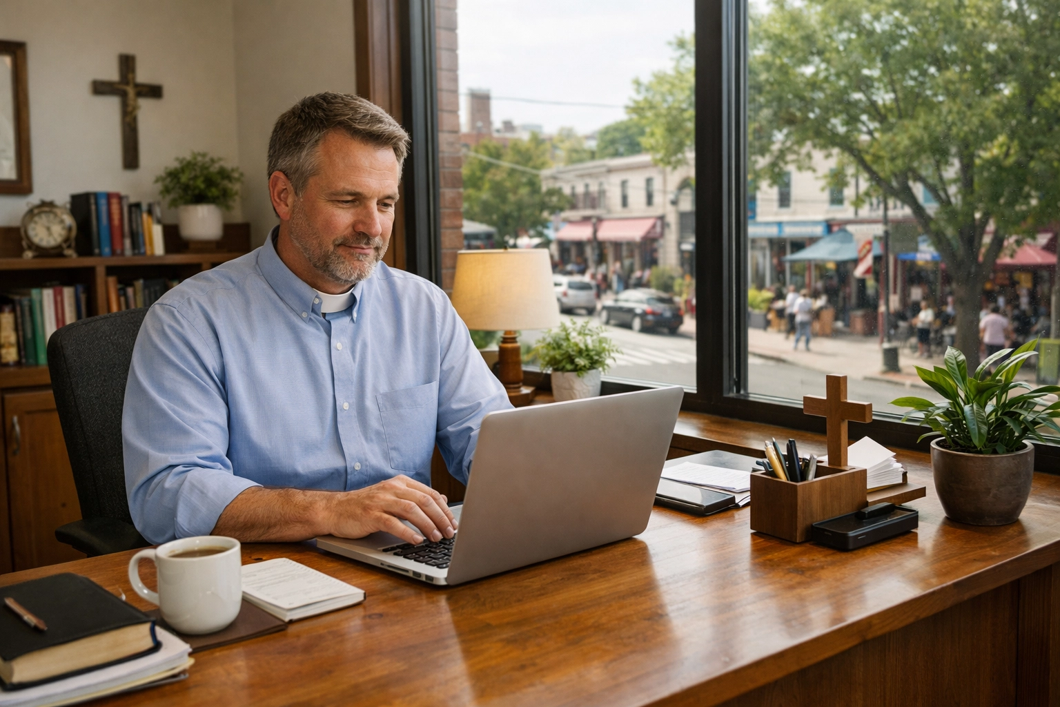 A church leader using digital tools to measure church outreach programs and scale community impact.