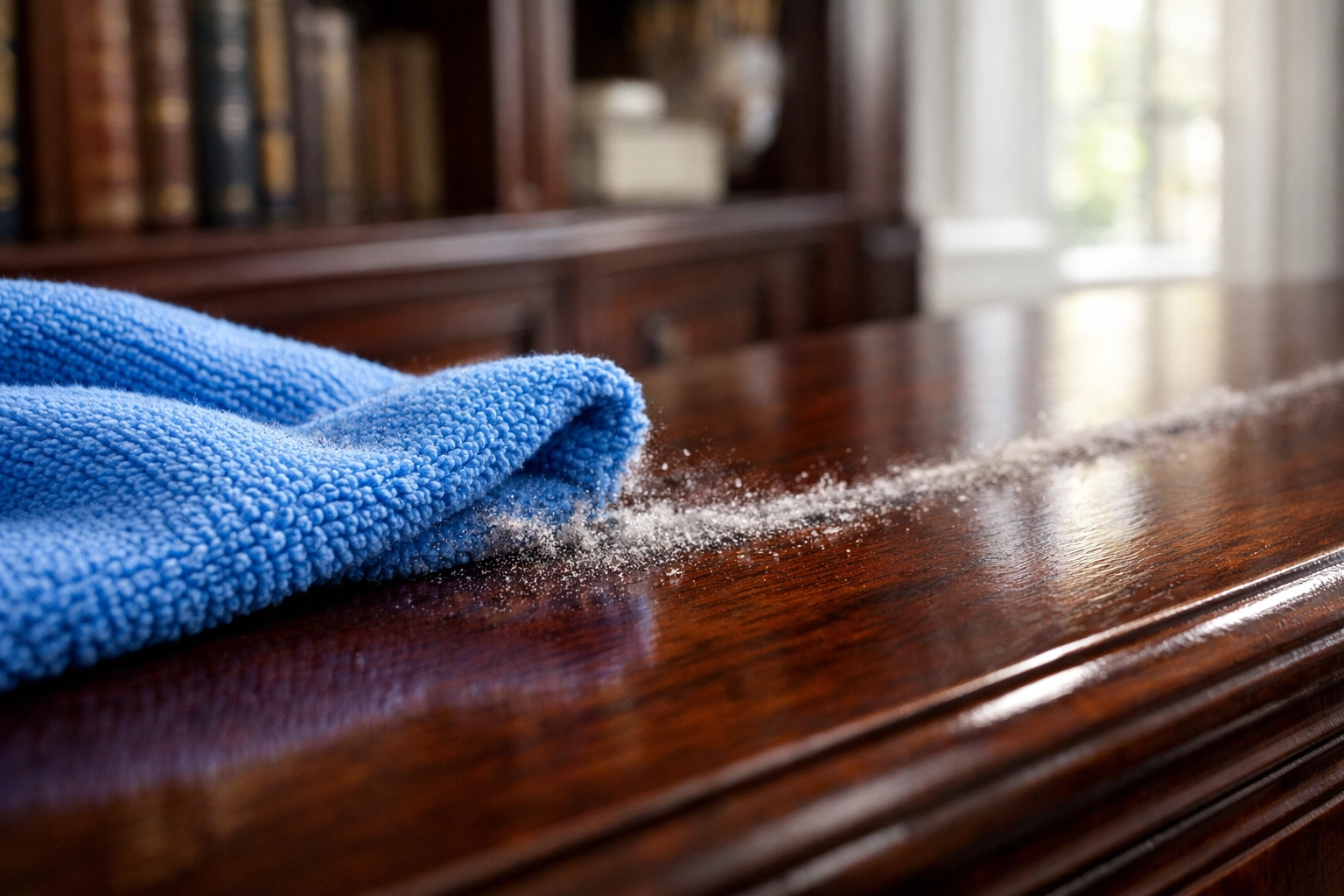 Blue microfiber cloth removing dust from a wood bookshelf, essential for effective weekly house cleaning in Westford MA.