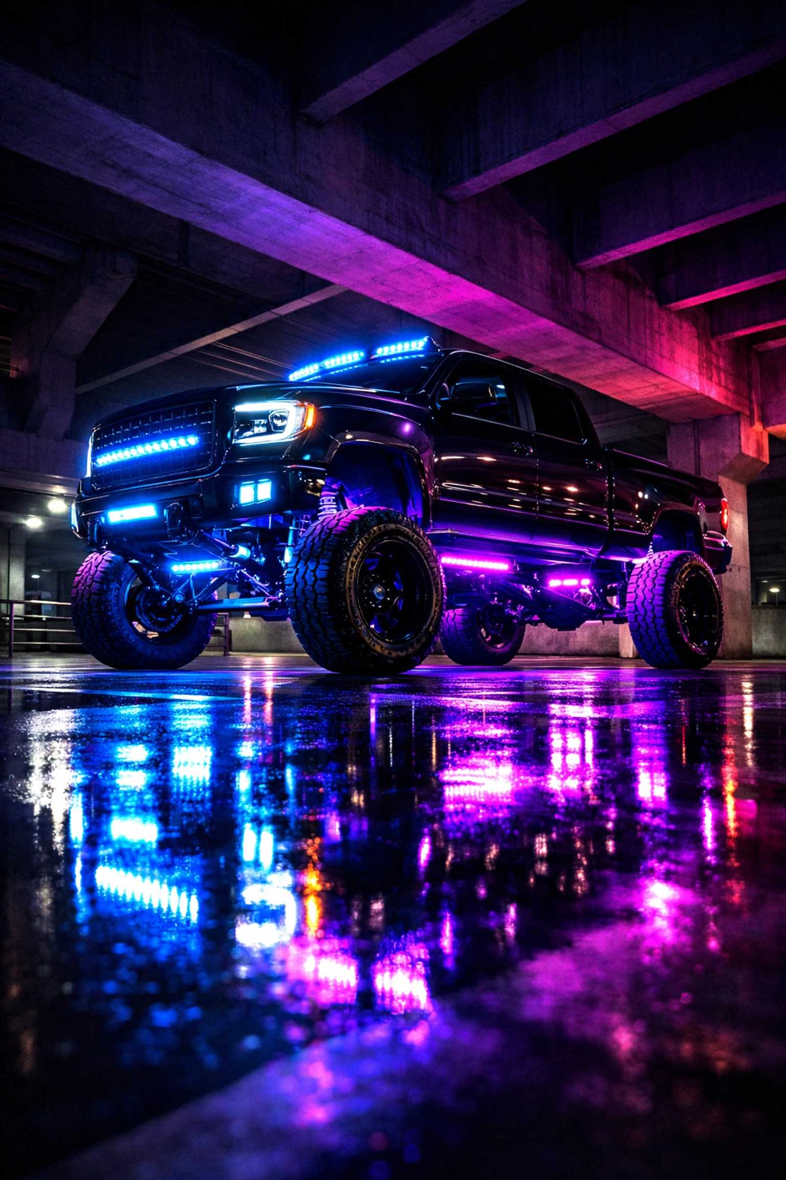 Custom LED underglow lighting installation on pickup truck at night