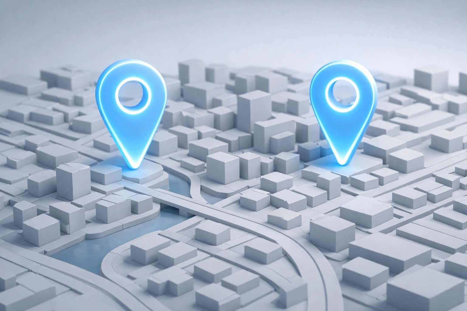 Minimalist local map with two pins representing geographic exclusivity for chiropractic digital marketing.