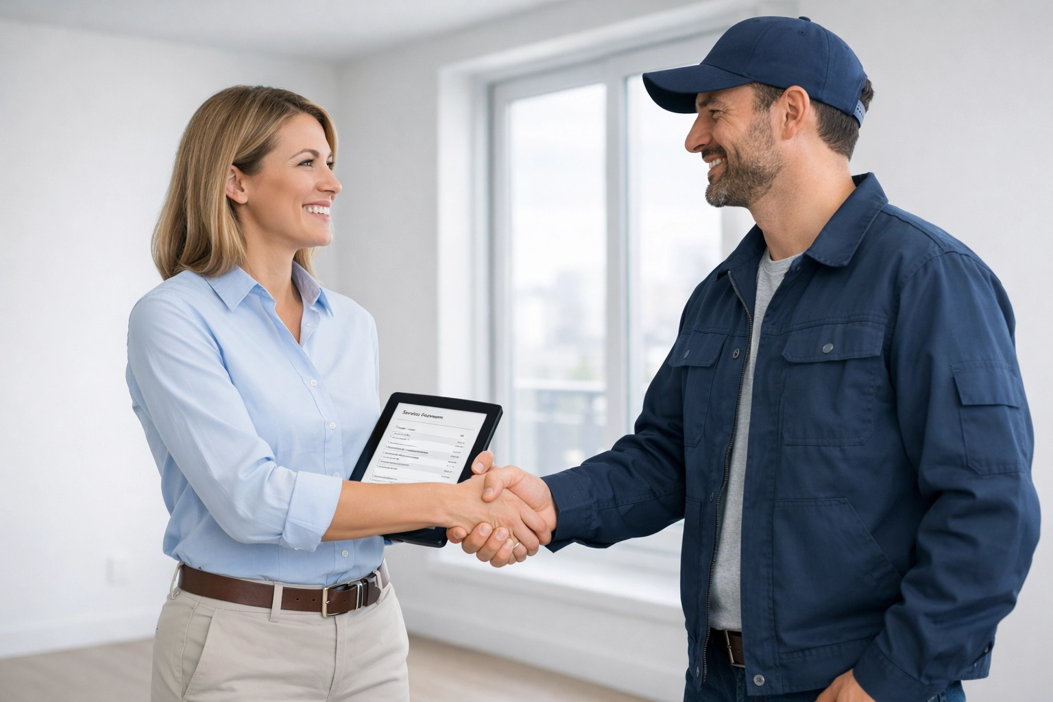 Property manager and vendor finalizing standardized pricing agreement for apartment turnover