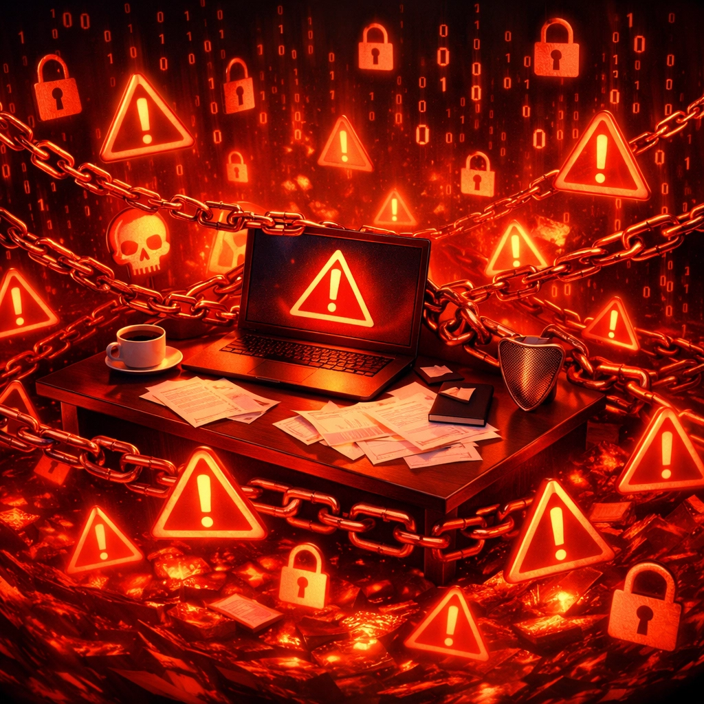 Small business office overwhelmed by cybersecurity threats and warning symbols