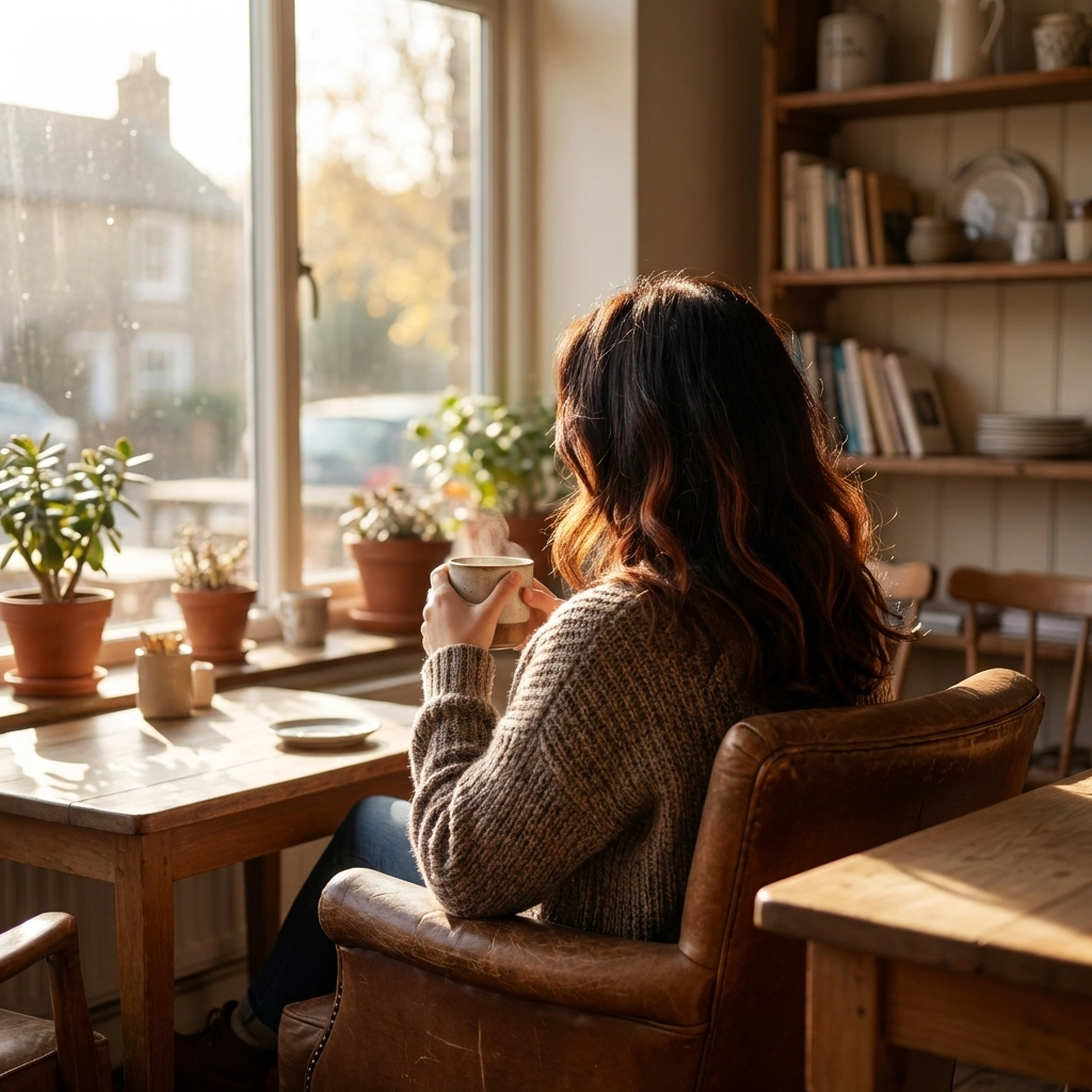 Γυναίκα με υγιή, μακριά καστανά μαλλιά κάθεται σε ζεστό φθινοπωρινό περιβάλλον, τονίζοντας το hair volume των extensions μαλλιών.