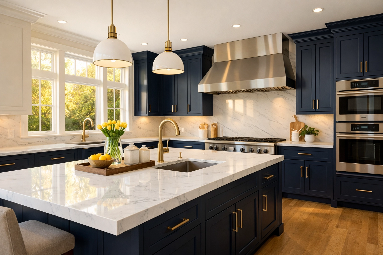 A spotless Dover luxury kitchen with marble countertops, maintained by professional residential cleaning Massachusetts.