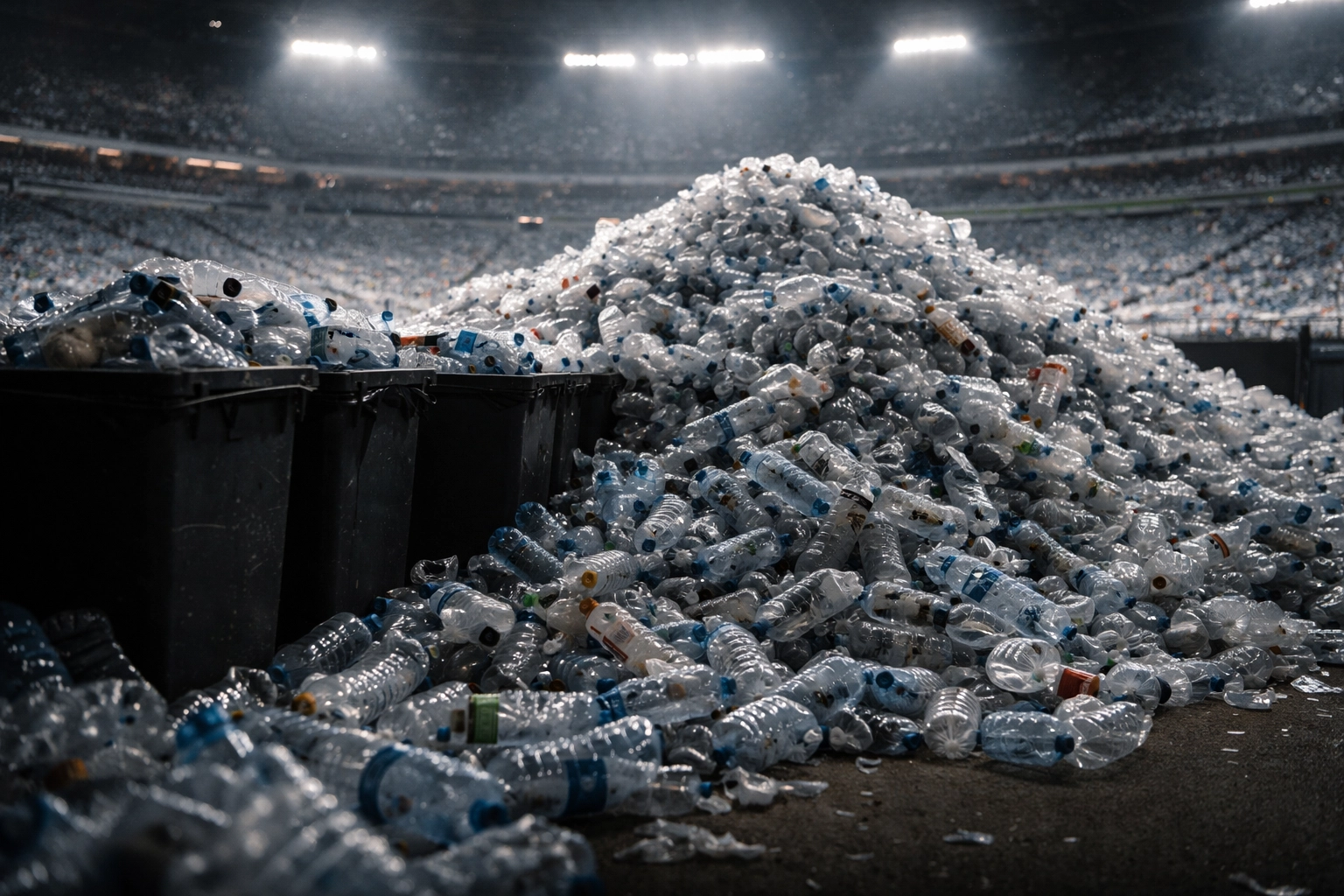 Overflowing pile of discarded plastic water bottles at a stadium highlights sustainability challenge