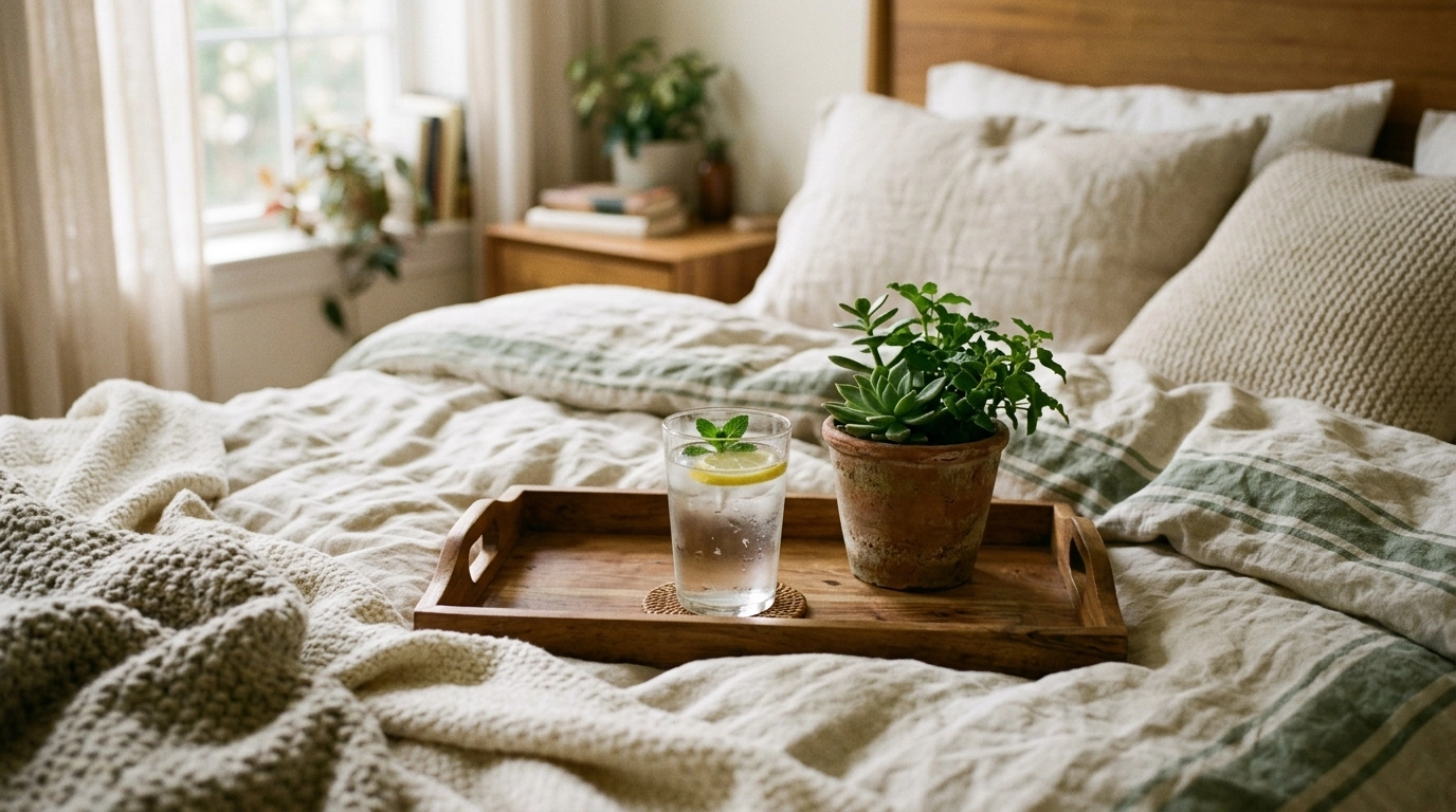 A glass of lemon water and a plant on a bed