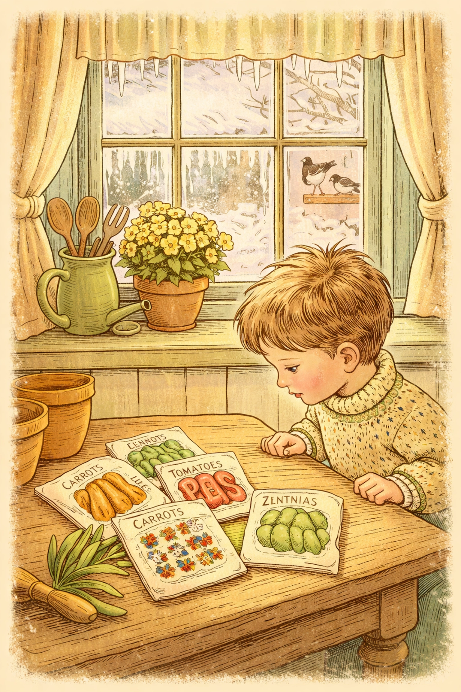 Child examines old seed packets by a kitchen window, ideal for testing seed viability before indoor planting in Zone 6.