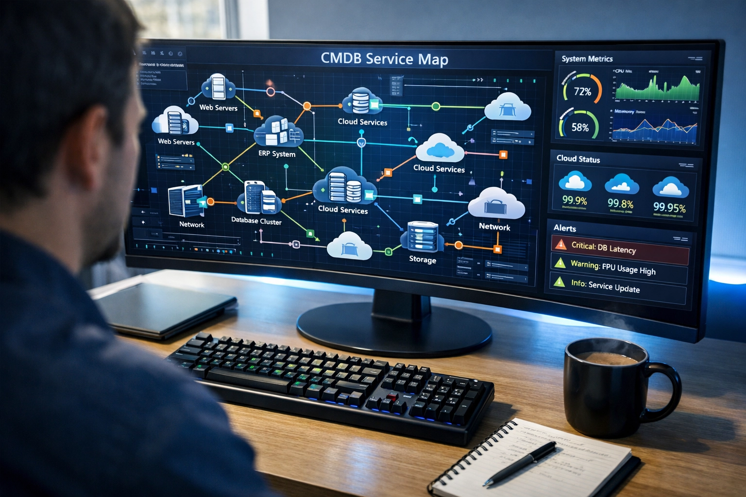 ITOM dashboard displaying CMDB service map with real-time infrastructure monitoring and analytics