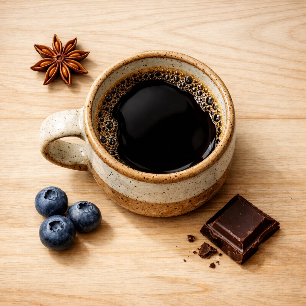 A cup of black coffee surrounded by blueberries, star anise, and chocolate to illustrate flavor notes.