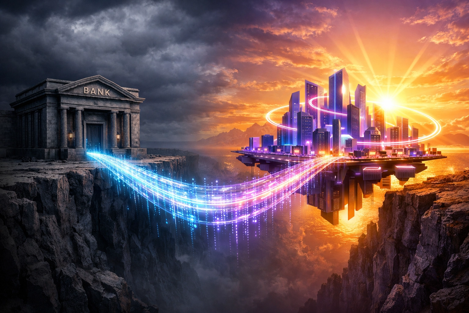 Digital bridge transitioning from traditional banking to a futuristic Web3 self-custody merchant account city.