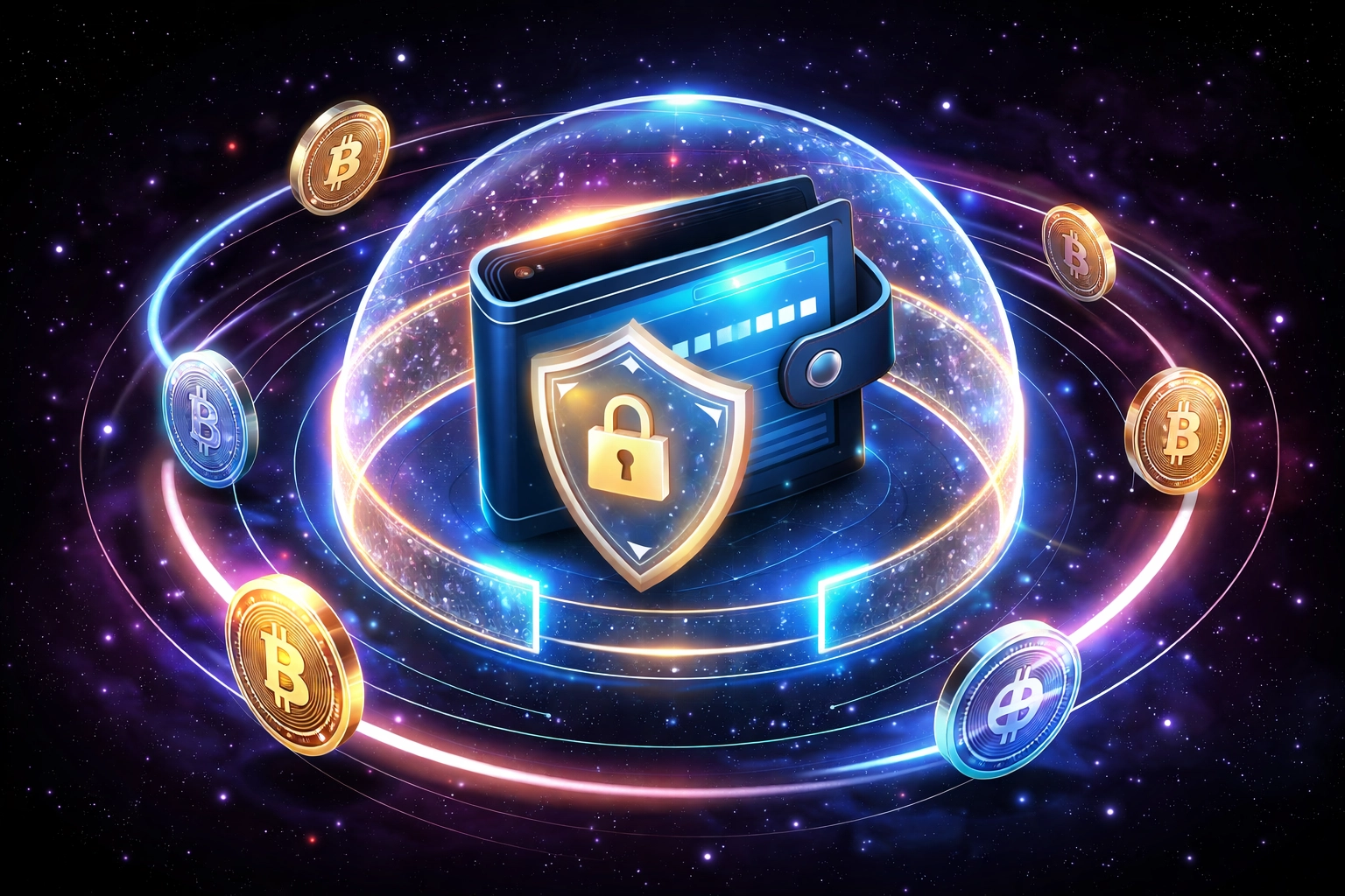 Futuristic depiction of secure digital wallet with crypto coins showing Larecoin's user control and self-custody benefits