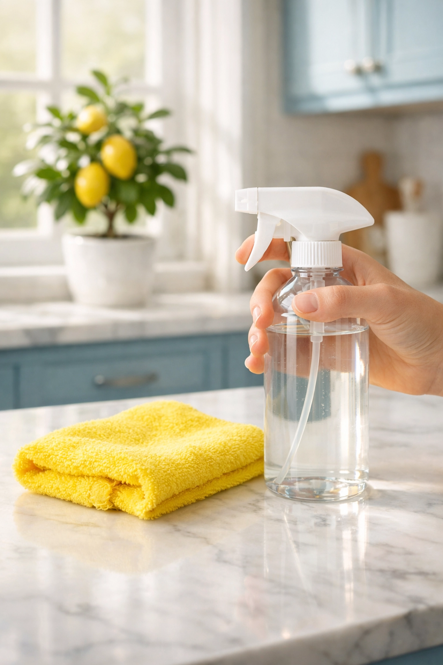 Close-up of eco-friendly residential cleaning in a Franklin kitchen using non-toxic supplies and a yellow cloth.
