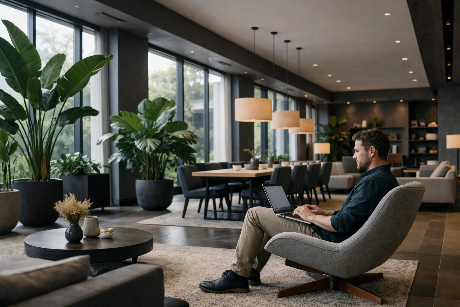 Modern hotel lobby co-working space with a guest working on a laptop near lush greenery.