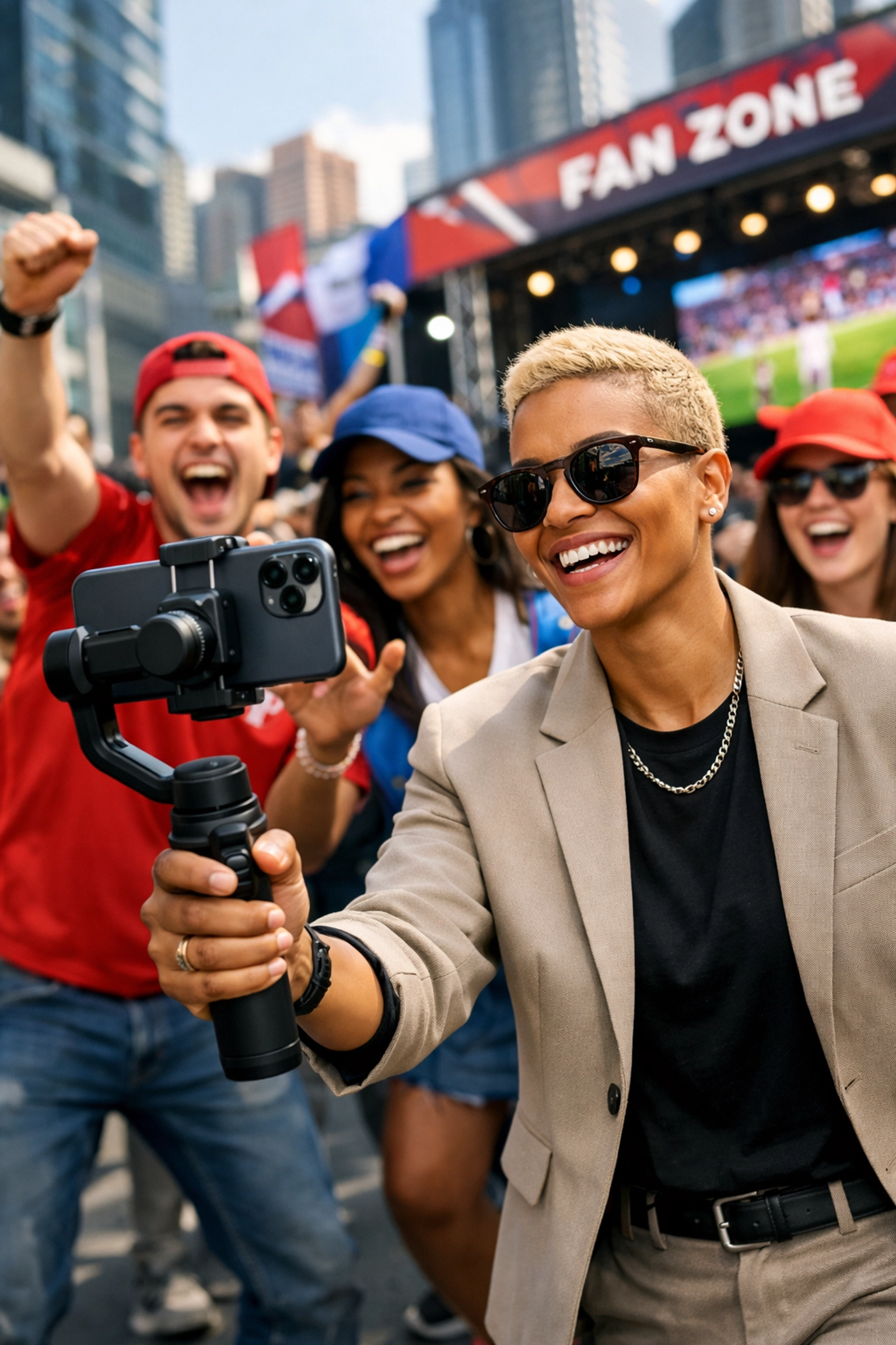 Digital content creator filming fans at the Super Bowl 2026 fan zone to drive brand engagement.