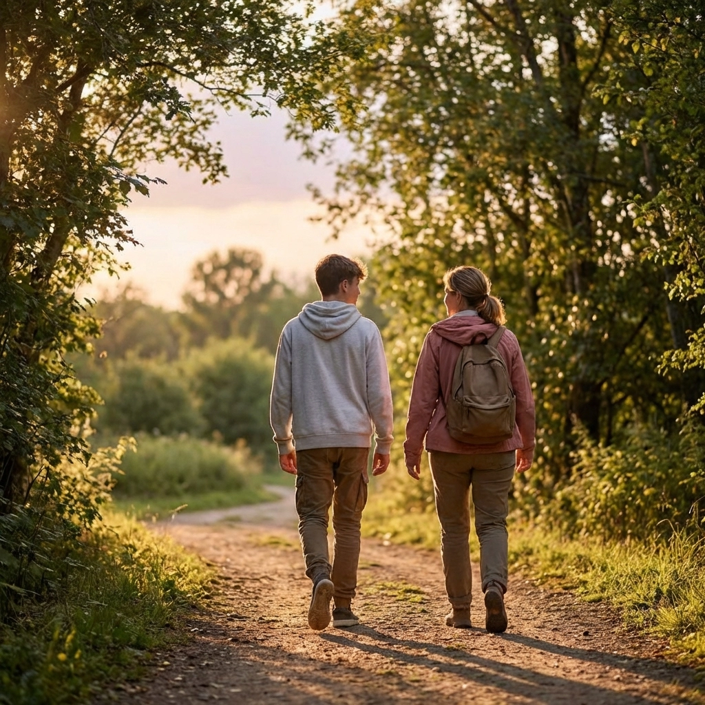 Parent and teenager walking side by side on a peaceful trail, illustrating healthy bonding for teen mental wellness.