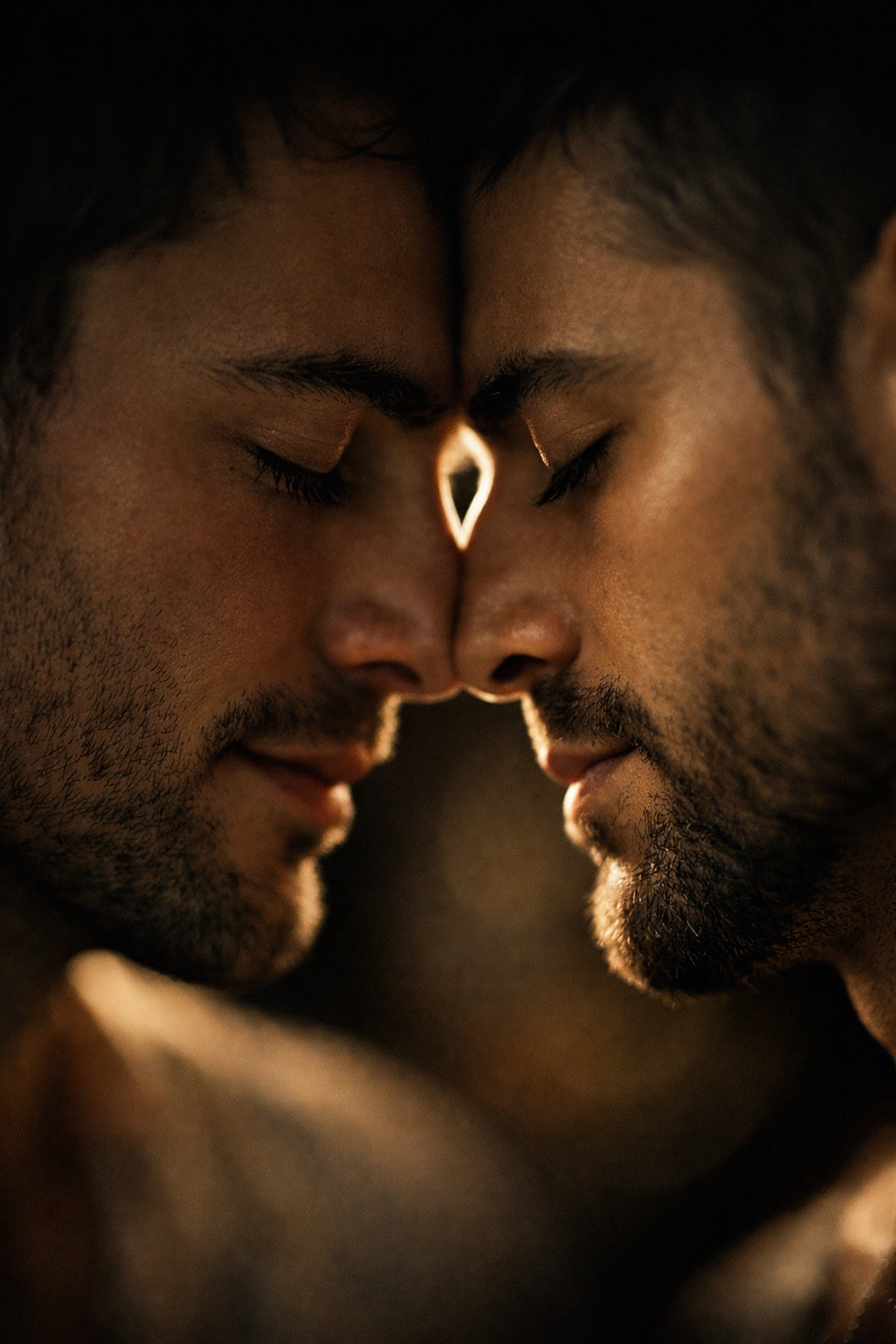 An intimate close-up of two men connecting through breath and presence in a soulful MM relationship.
