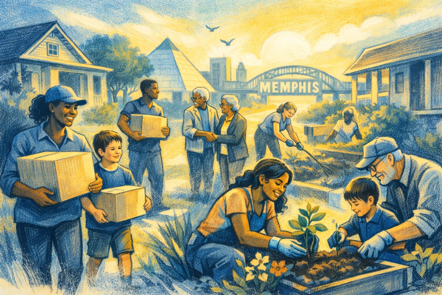 Memphis community volunteers serving together in neighborhood - planting gardens and helping families