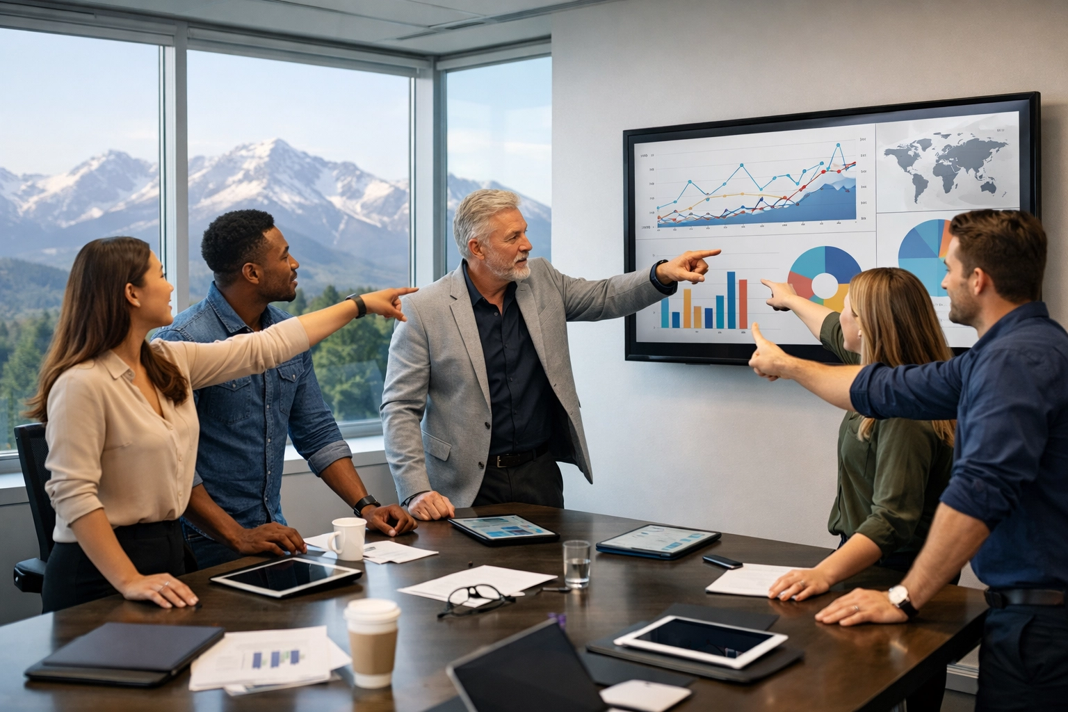 Professional team analyzing data visualizations to scale strategic brand growth and media asset management.