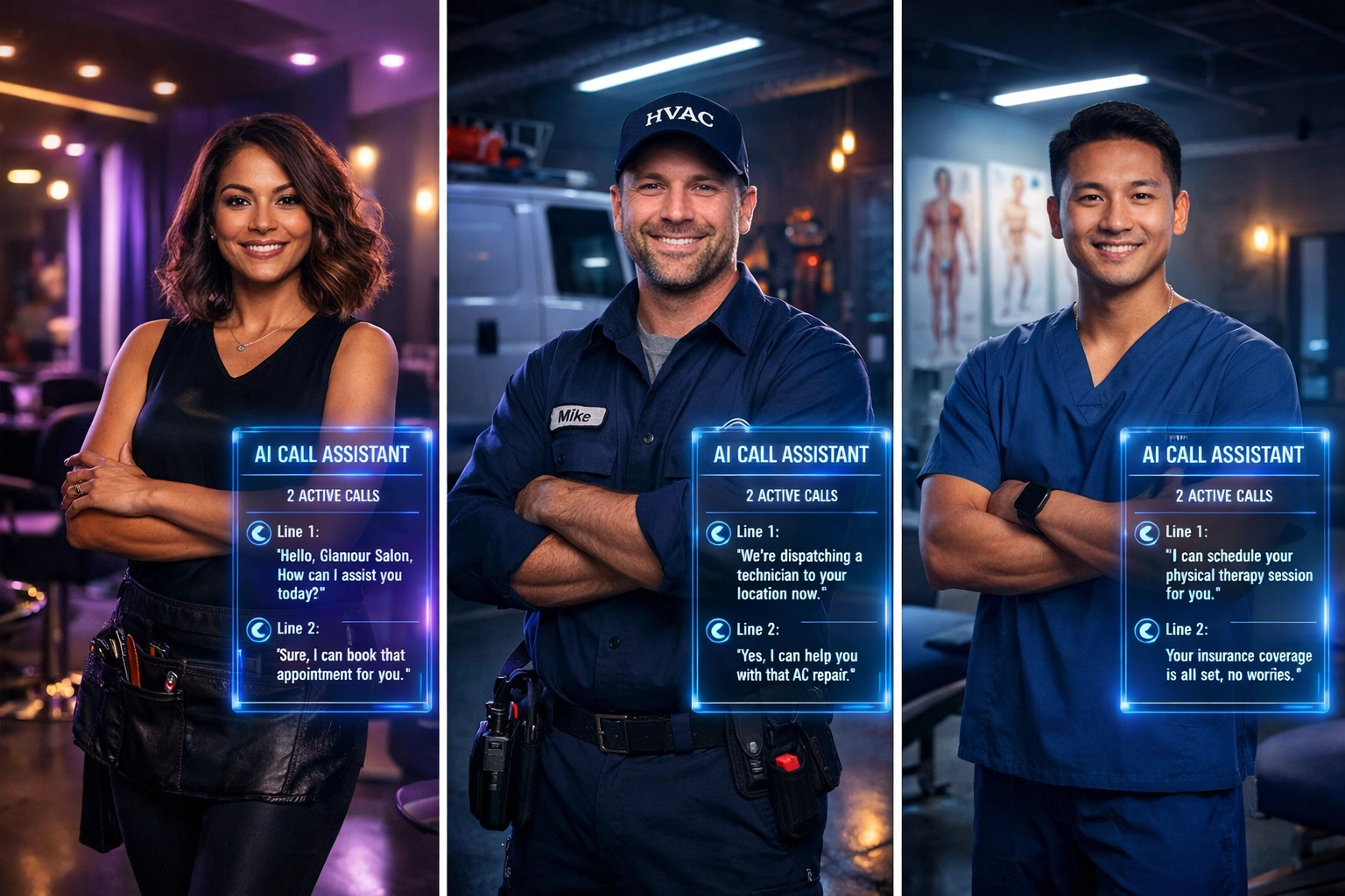 Small business owners from different industries using AI receptionist technology confidently