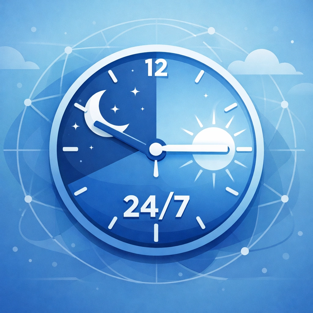 Clock showing 24/7 IT support coverage with day and night symbols for out-of-hours service