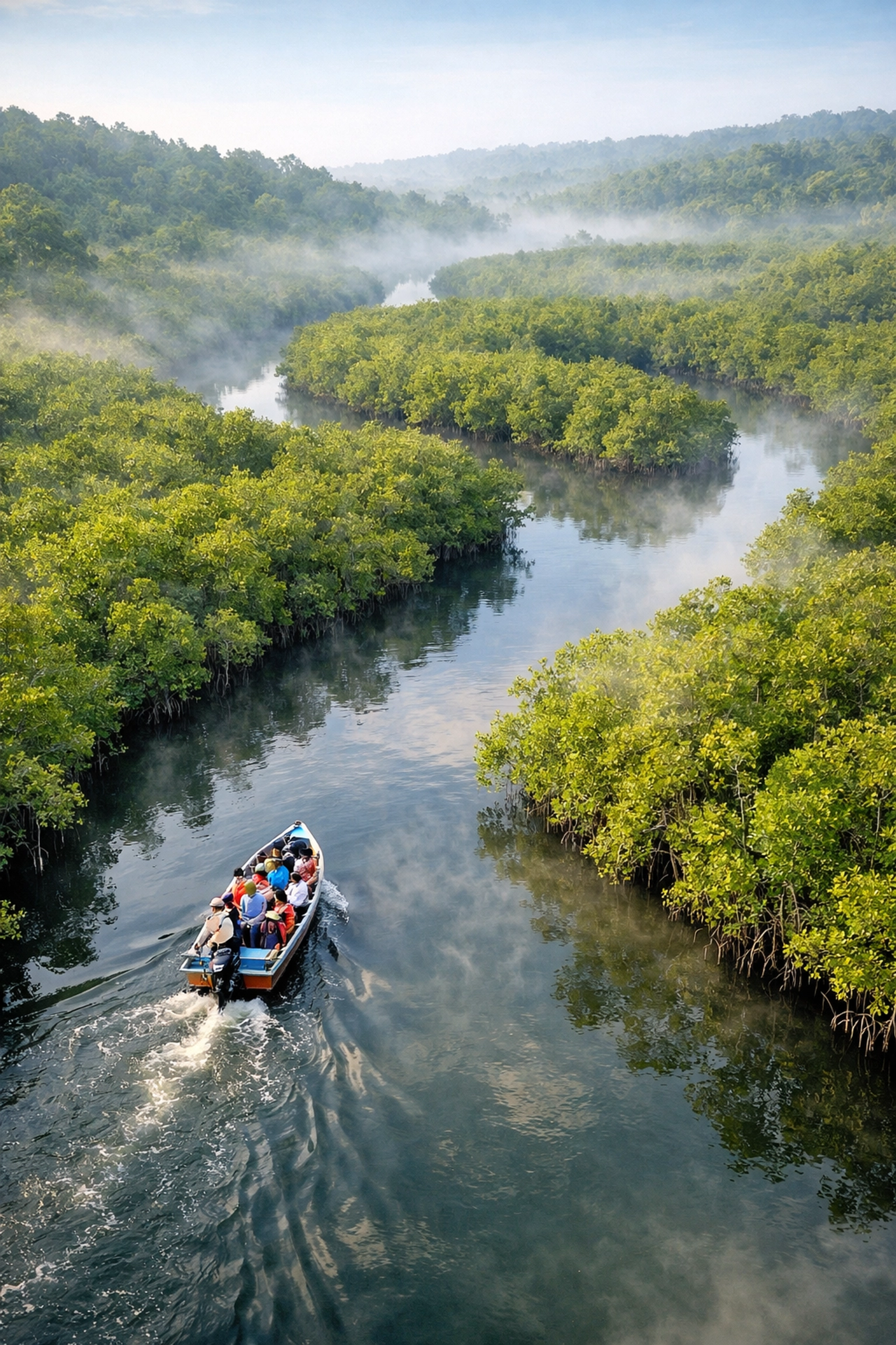 Students navigating jungle river to Lamanai ruins on school trip to Belize