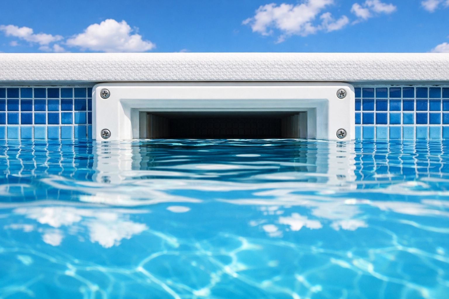 Close-up of a pool skimmer at the ideal water level for proper pool maintenance service.