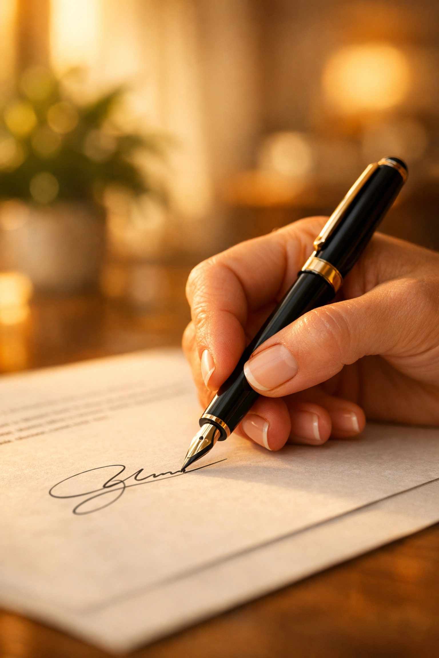 A person signing a medical power of attorney document at home for future security and health peace of mind.