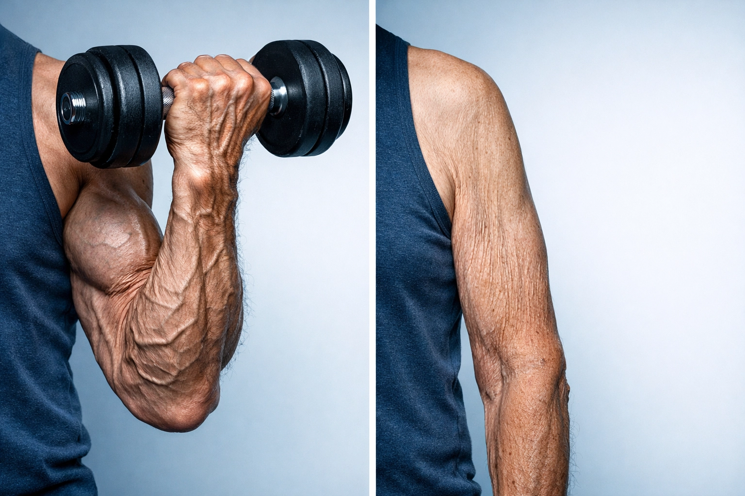 75-year-old man's muscular arm holding dumbbell showing muscle definition and strength gains after 50