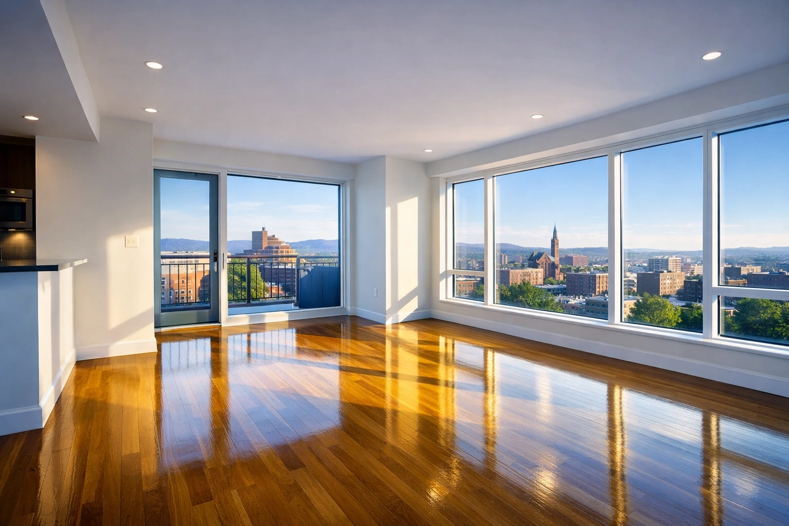 Spotless empty apartment living room in Worcester with polished floors after move-out cleaning Worcester MA.