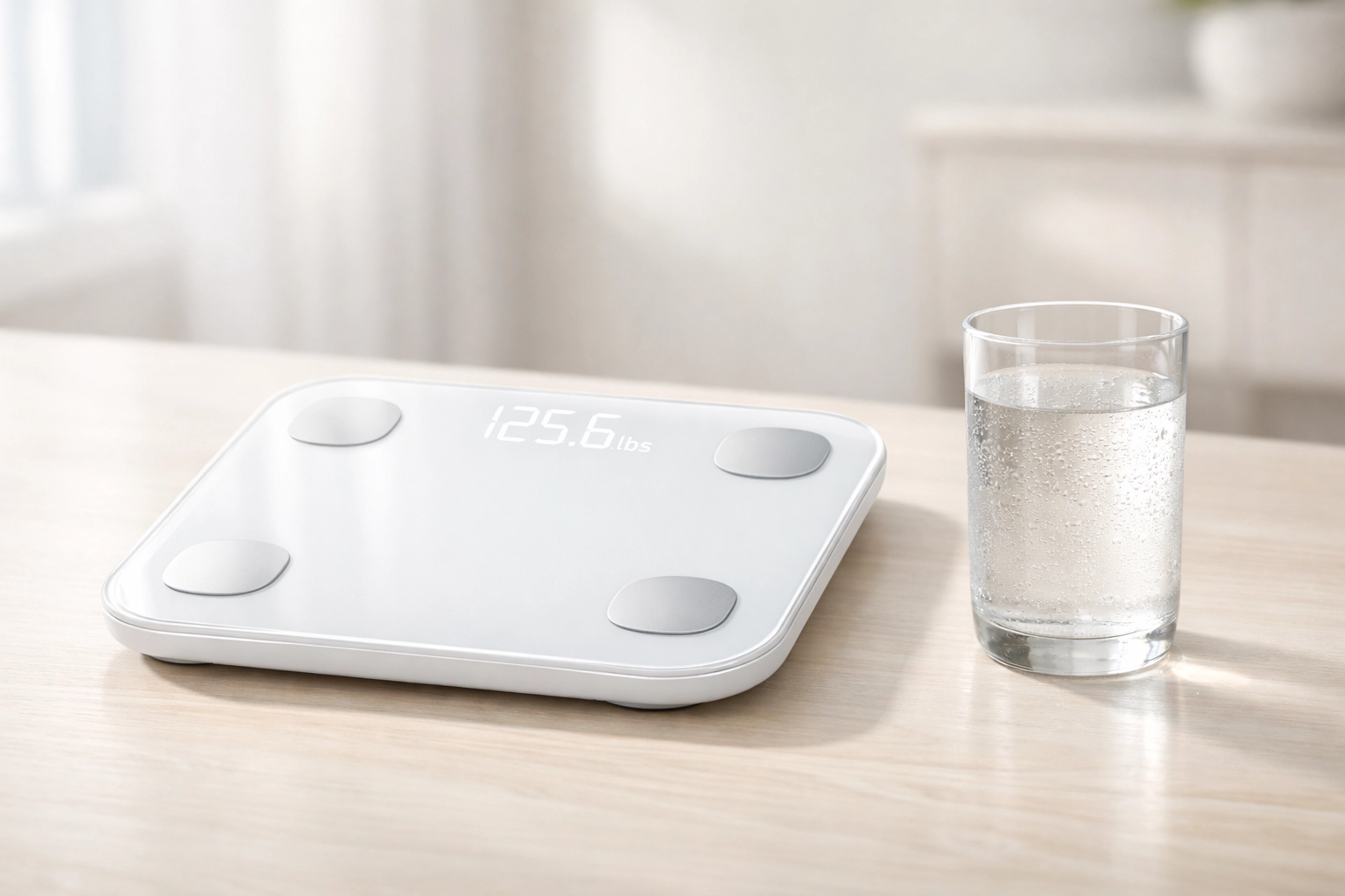A minimalist smart scale and water glass symbolizing healthy metabolic research results and weight loss.