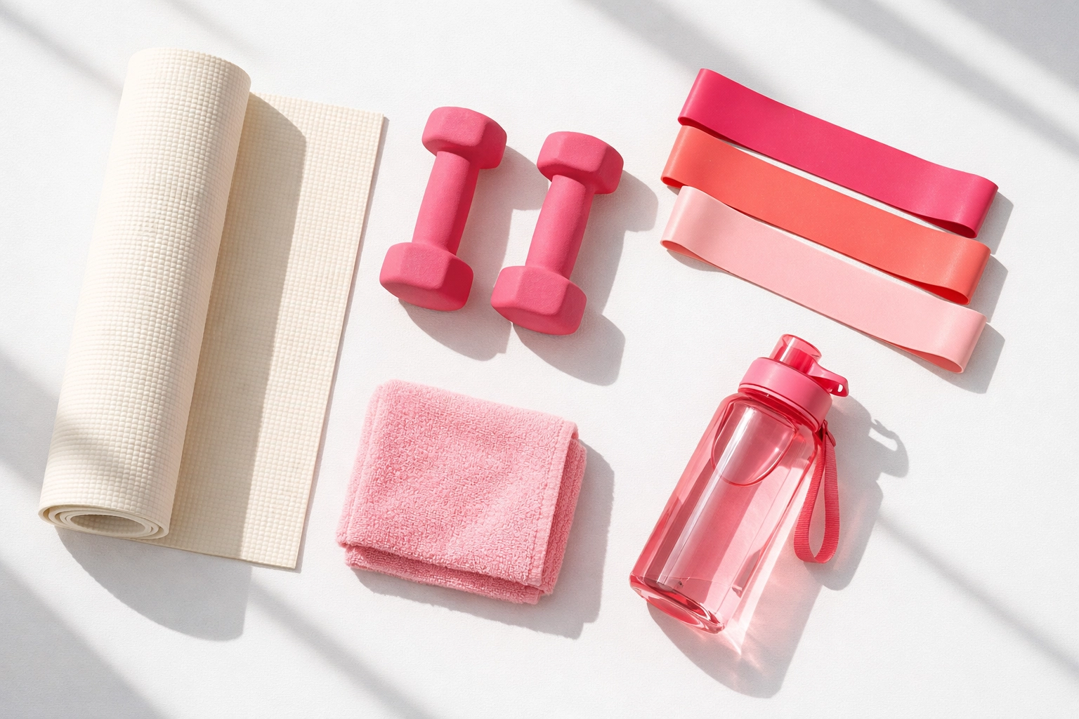 Essential home workout equipment including dumbbells, yoga mat, and resistance bands