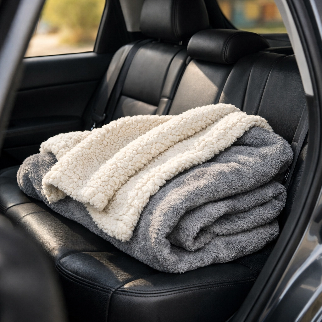 Portable sherpa blanket in car interior for everyday use and travel