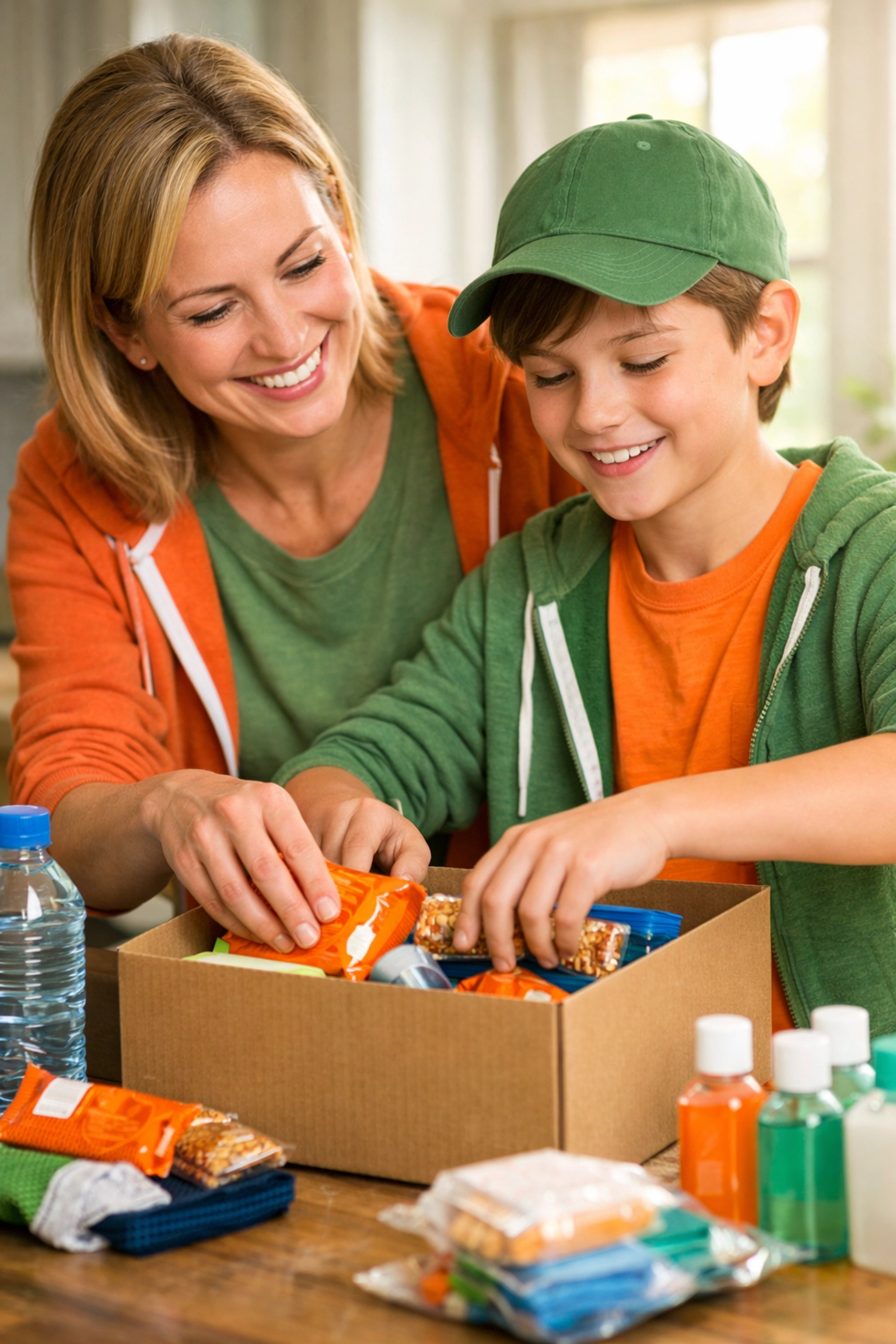 Parent and child preparing care packages together modeling Christian service and faith