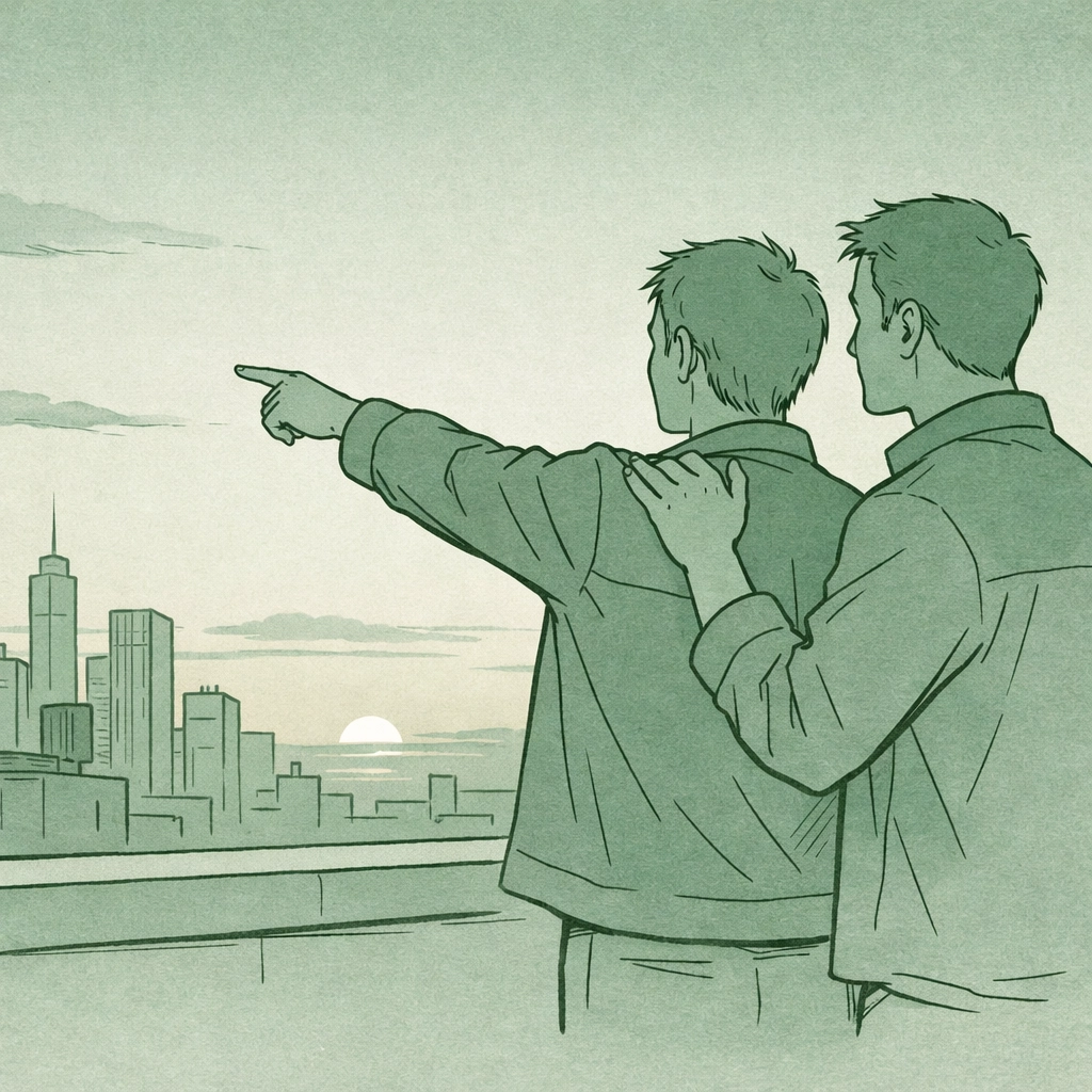 Gay couple on urban rooftop at twilight illustrating emotional depth in contemporary MM romance