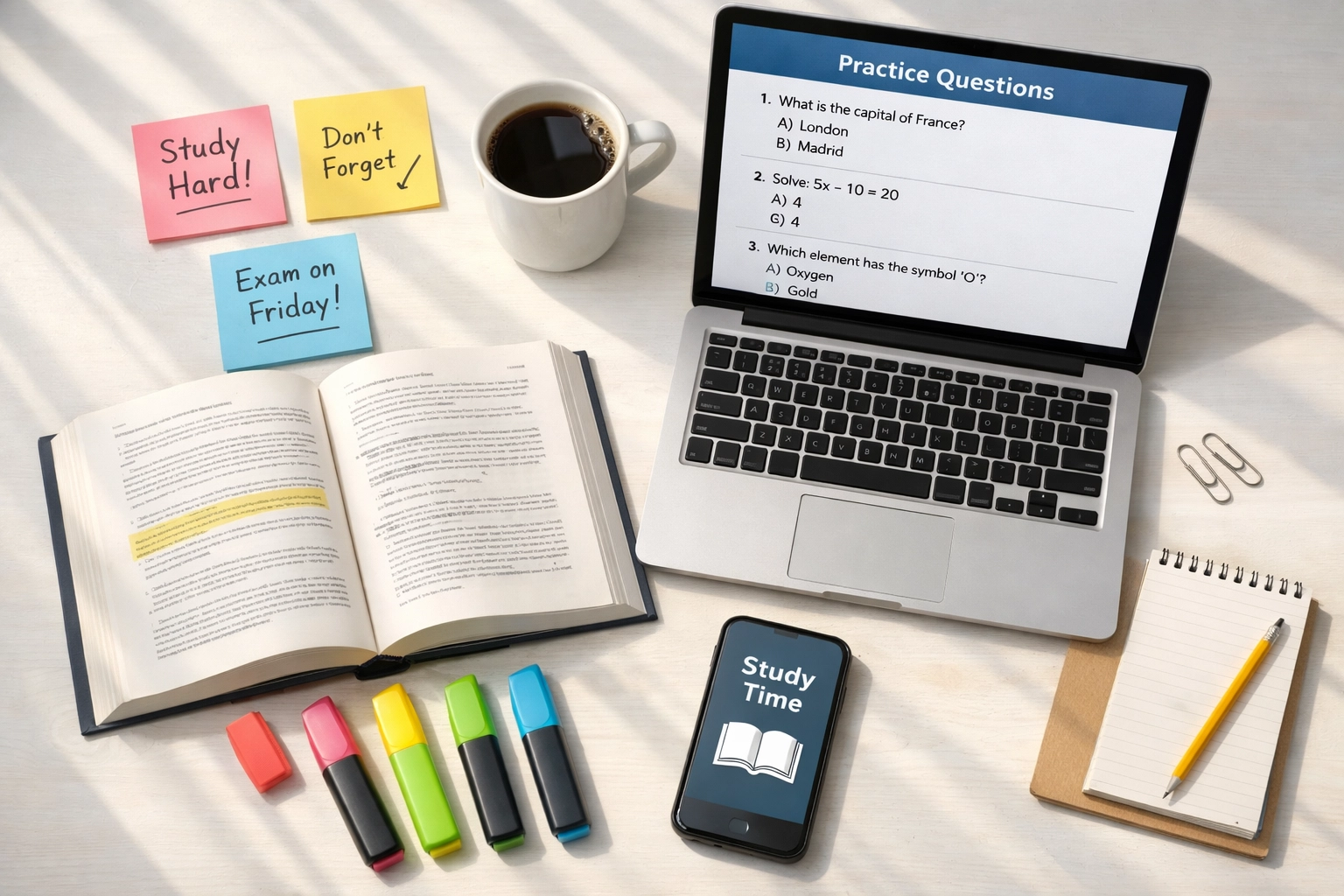 Organized DSST study guide materials including textbook, laptop, and practice test prep resources