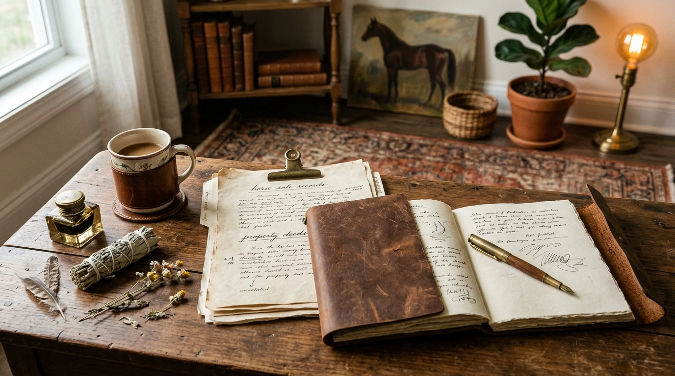 Boho Chic equestrian asset paperwork with sale records, property documents, and leather notebook