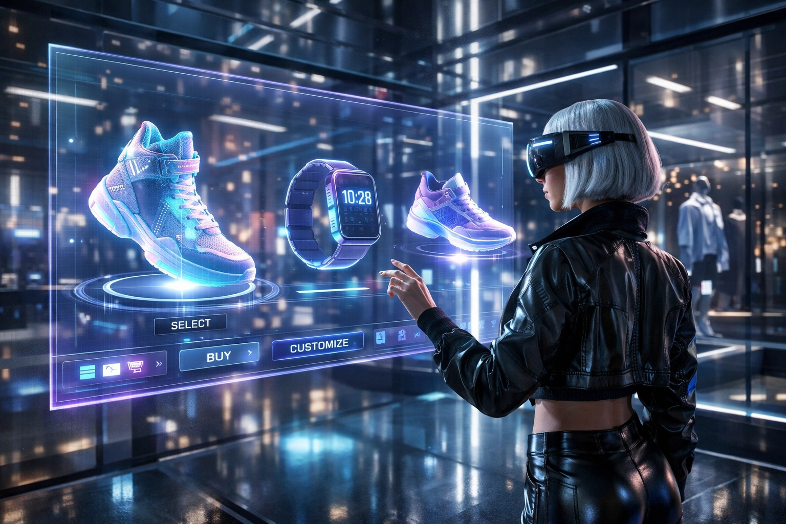 Digital avatar browsing a metaverse boutique with a Larecoin.ai holographic AI shopping assistant interface.