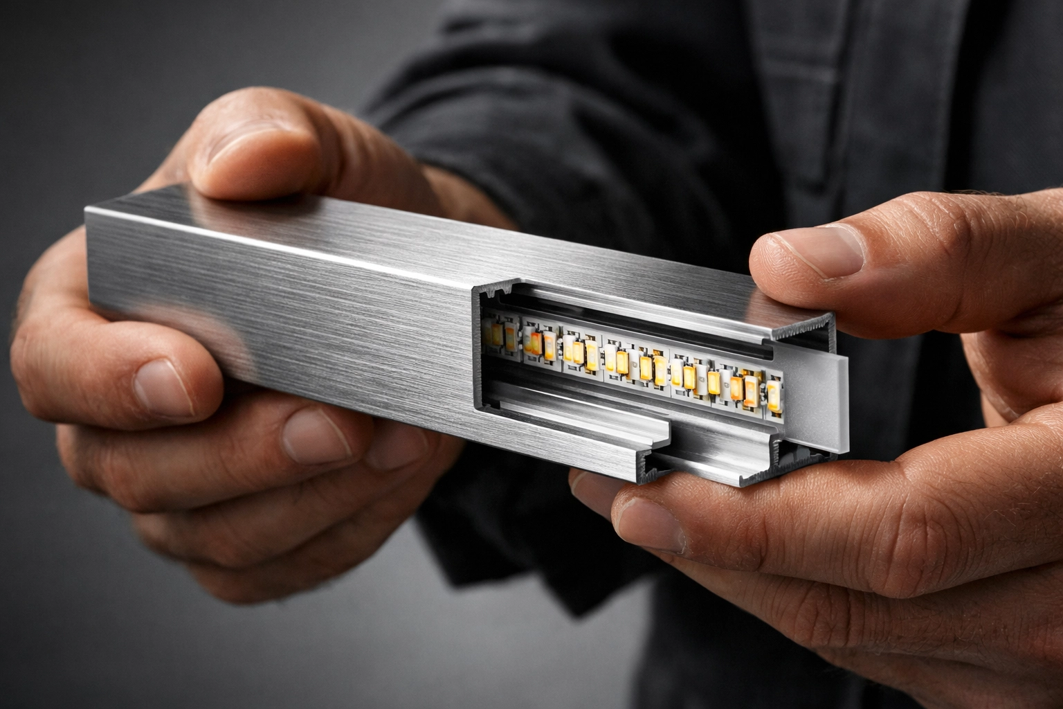 Craftsman holding a handmade aluminum LED profile for custom kitchen cabinet lighting installations.