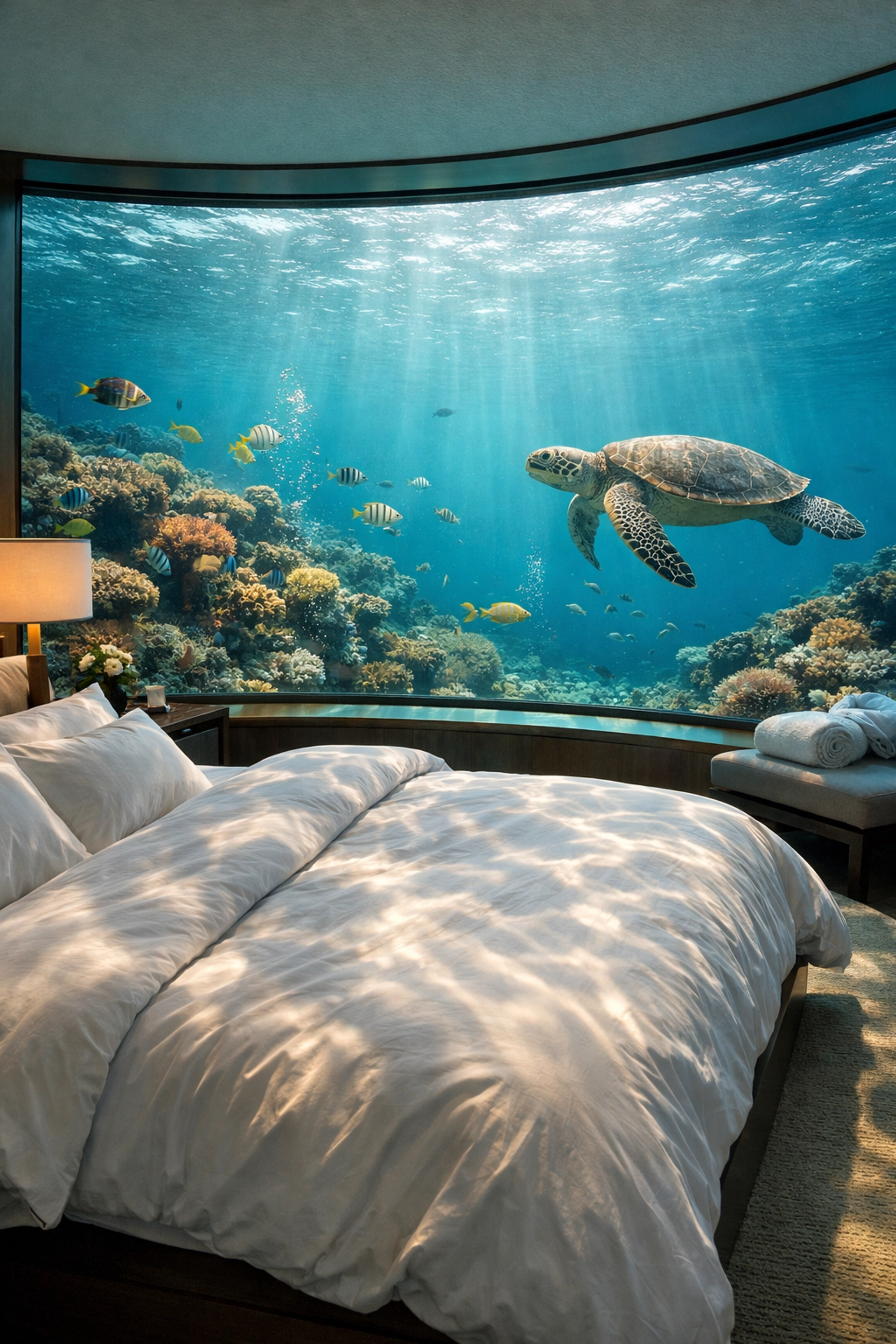 A luxury underwater hotel room with windows showing a vibrant coral reef and tropical fish.